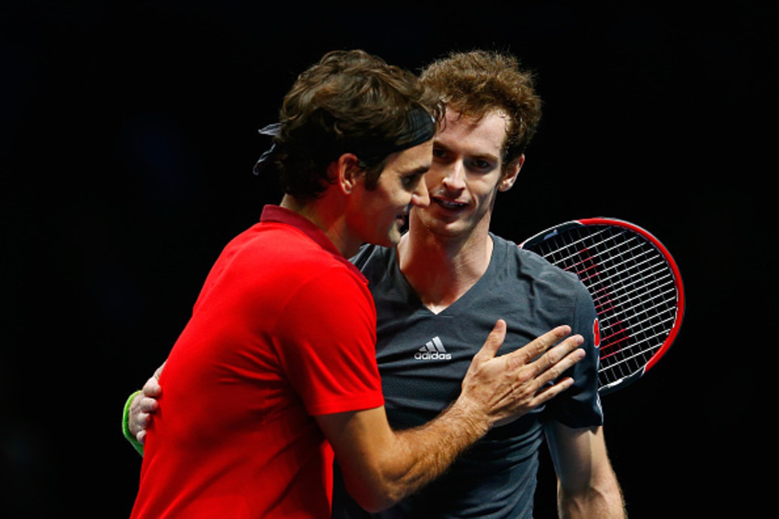 LONDON, ENGLAND - NOVEMBER 13:  Andy Murray of Great Britain congratulates Roger Federer of Switzerland after the round robin singles match  on day five of the Barclays ATP World Tour Finals at O2 Arena on November 13, 2014 in London, England.  (Photo by 