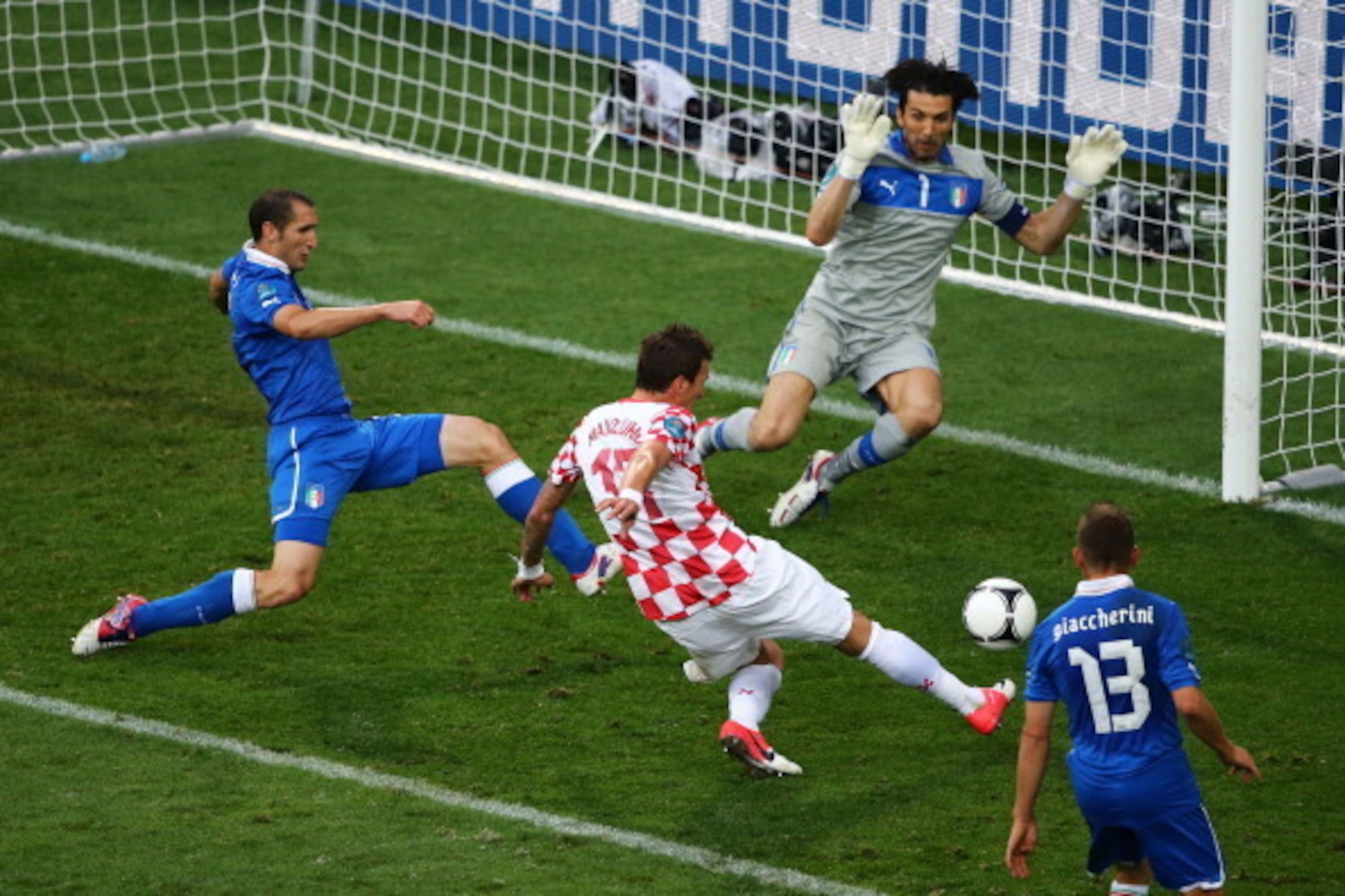 POZNAN, POLAND - JUNE 14:  Mario Mandzukic of Croatia scores the opening goal past Gianluigi Buffon of Italy during the UEFA EURO 2012 group C match between Italy and Croatia at The Municipal Stadium on June 14, 2012 in Poznan, Poland.  (Photo by Christof