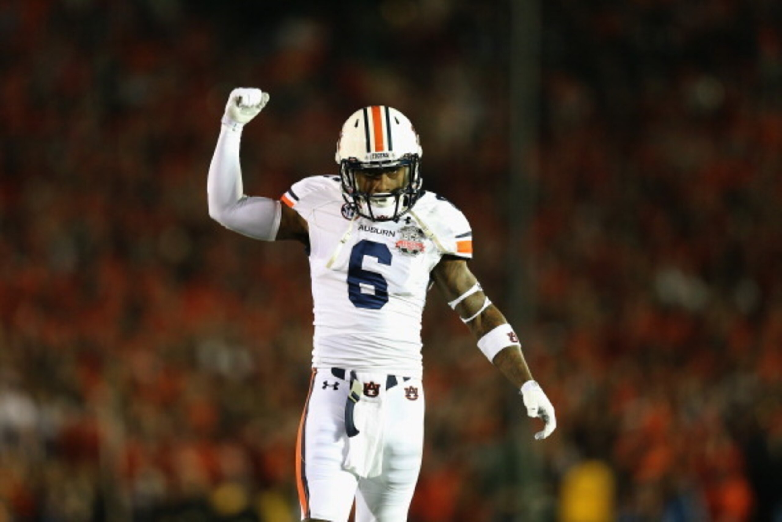 PASADENA, CA - JANUARY 06:  Defensive back Jonathon Mincy #6 of the Auburn Tigers reacts as they take on the Florida State Seminoles during the 2014 Vizio BCS National Championship Game at the Rose Bowl on January 6, 2014 in Pasadena, California.  (Photo 