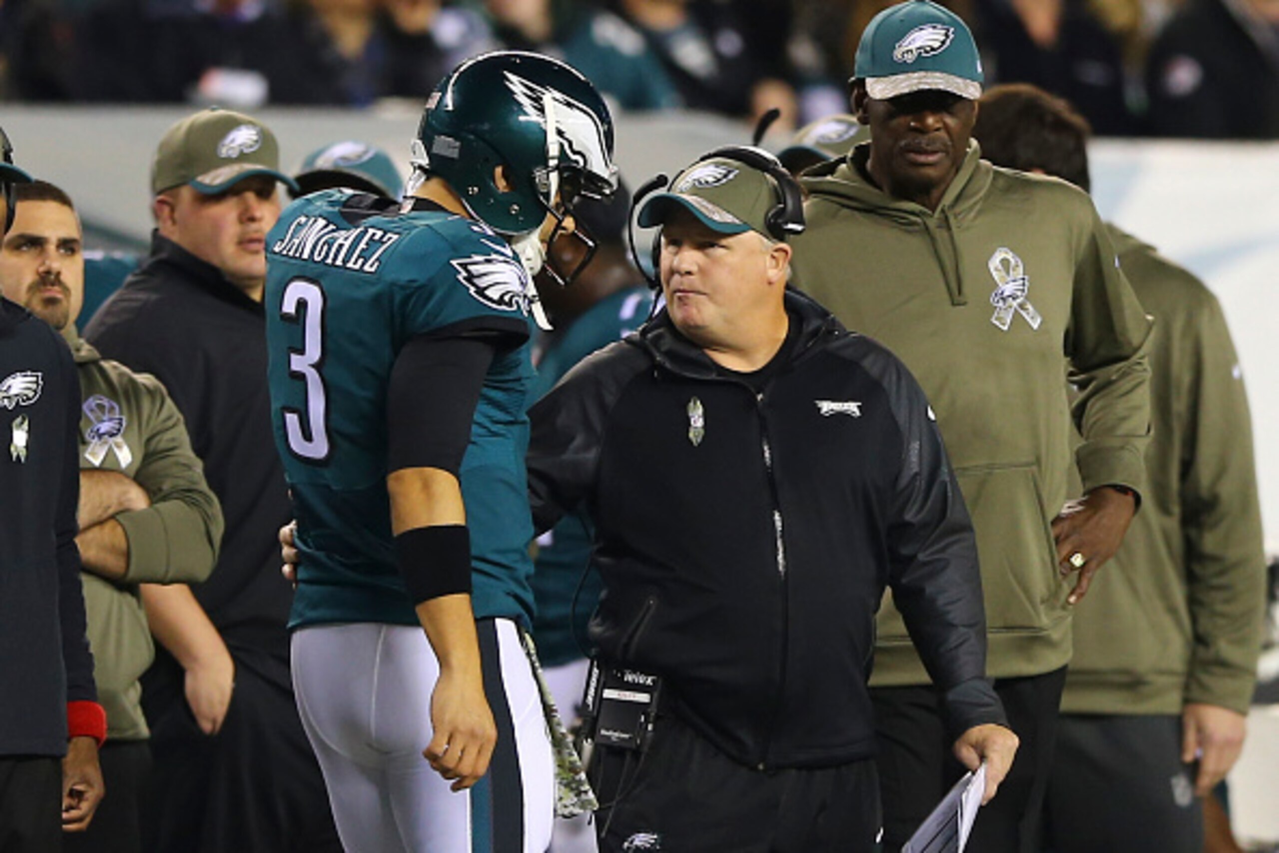 PHILADELPHIA, PA - NOVEMBER 10: Mark Sanchez #3 of the Philadelphia Eagles talks to head coach Chip Kelly after the first drive ended in a field goal attempt against the Carolina Panthers on November 10, 2014 at Lincoln Financial Field in Philadelphia, Pe