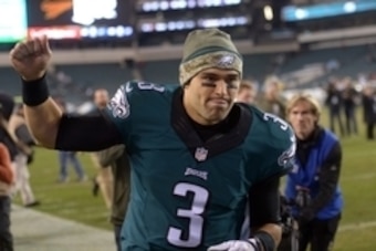 Nov 10, 2014; Philadelphia, PA, USA; Philadelphia Eagles quarterback Mark Sanchez (3) celebrates at the end of the game against the Carolina Panthers at Lincoln Financial Field. Mandatory Credit: Kirby Lee-USA TODAY Sports