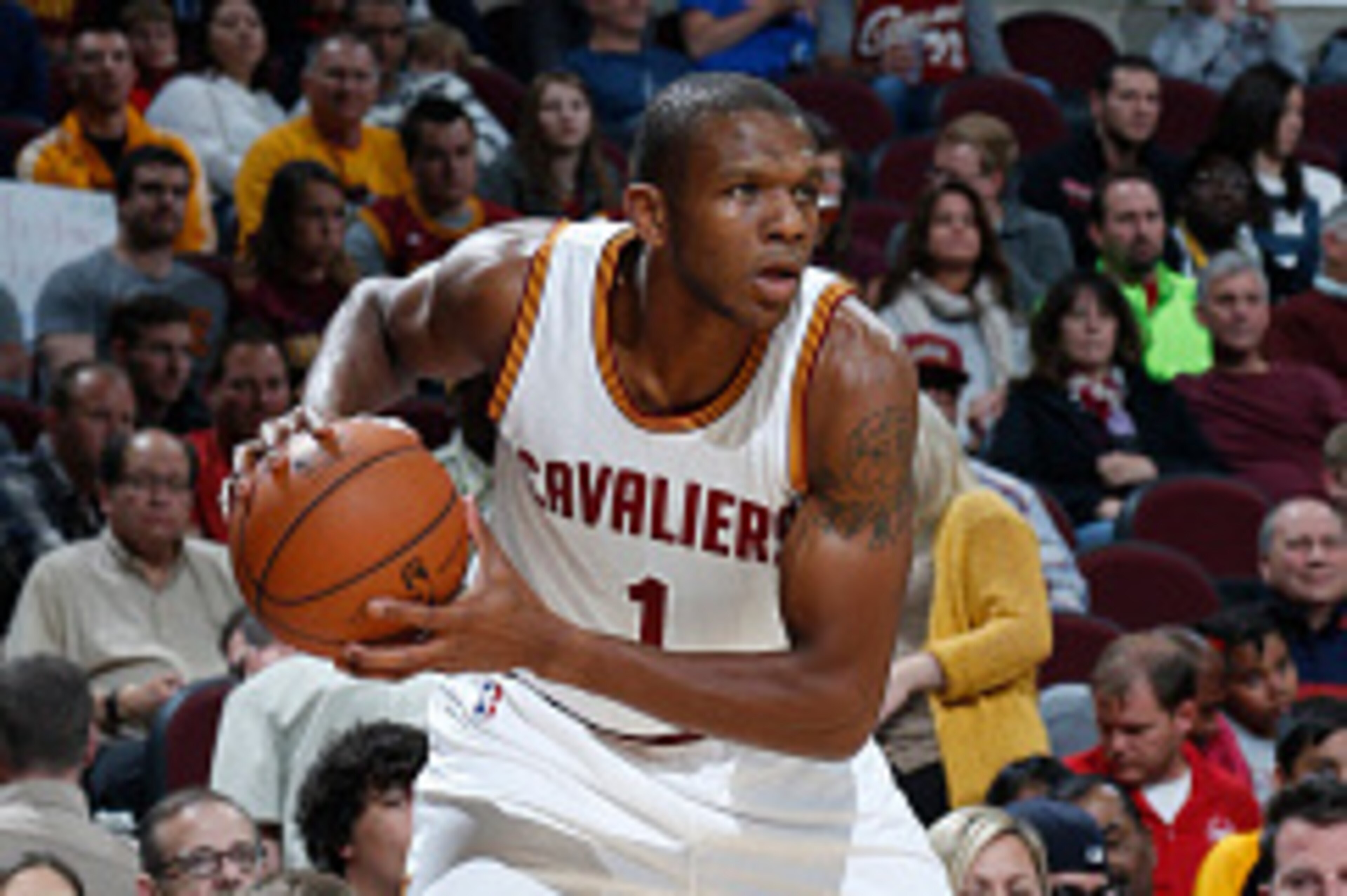 CLEVELAND, OH - OCTOBER 5:  James Jones #1 of the Cleveland Cavaliers handles the ball against Maccabi Tel Aviv at The Quicken Loans Arena on October 16, 2014 in Cleveland, Ohio. NOTE TO USER: User expressly acknowledges and agrees that, by downloading an