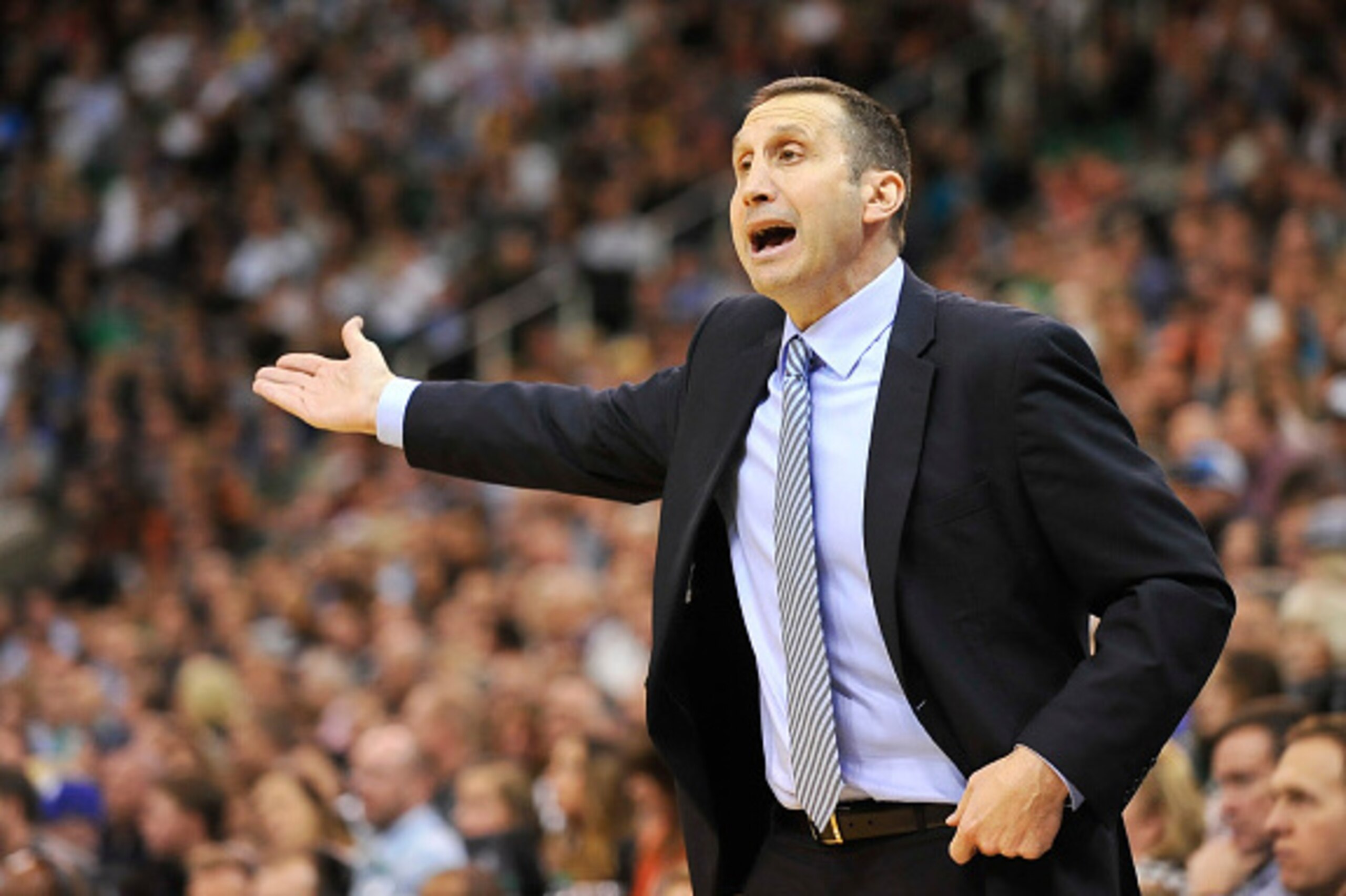 SALT LAKE CITY, UT - NOVEMBER 5: Head coach David Blatt of the Cleveland Cavaliers pleads with the officials in the closing minutes of their game against the Utah Jazz at EnergySolutions Arena on November 5, 2014 in Salt Lake City, Utah. The Utah Jazz won
