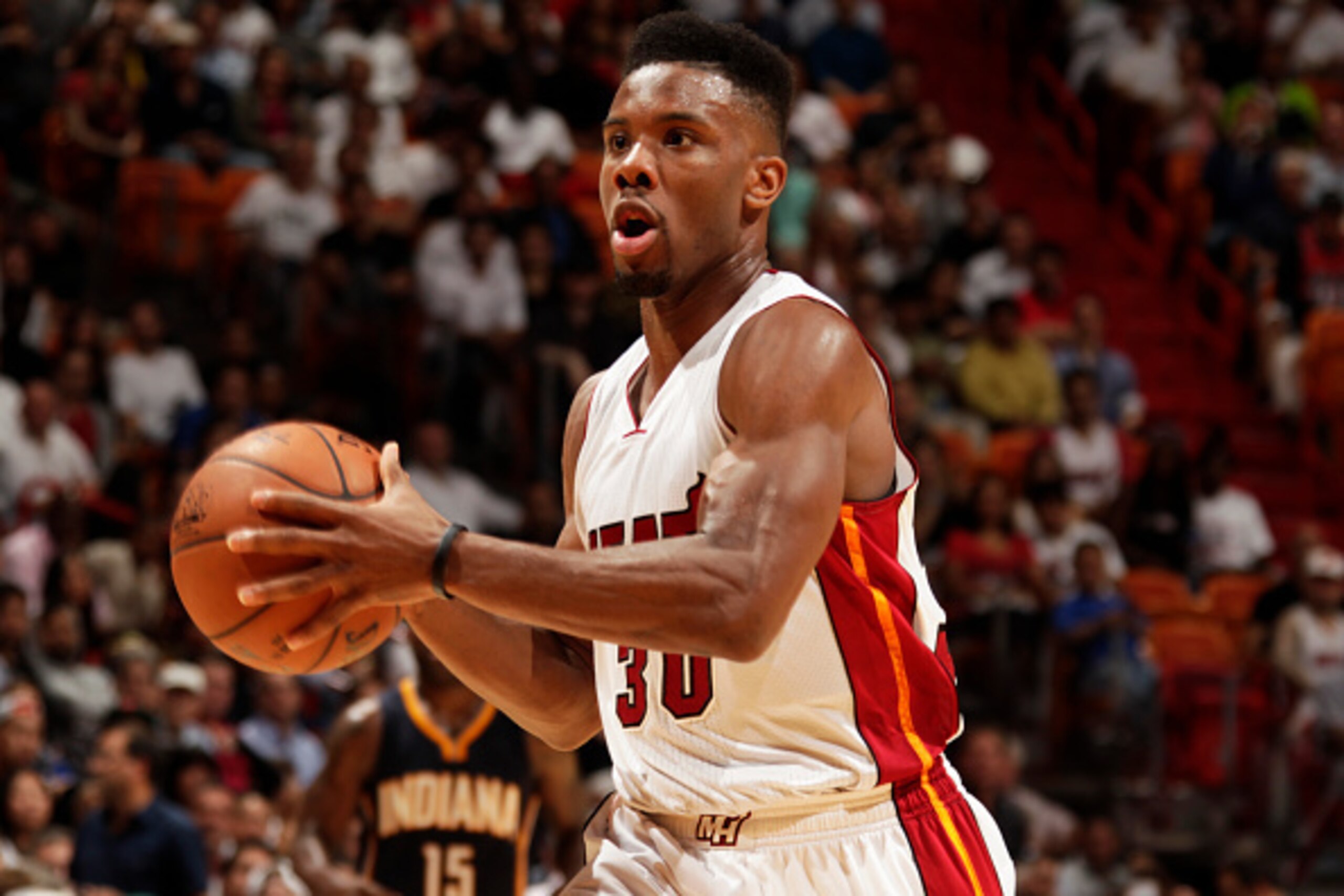 MIAMI, FL - November 12:   Norris Cole #30 of the Miami Heat handles the ball against the Indiana Pacers at the American Airlines Arena in Miami, Florida on November 12, 2014. NOTE TO USER: User expressly acknowledges and agrees that, by downloading and/o
