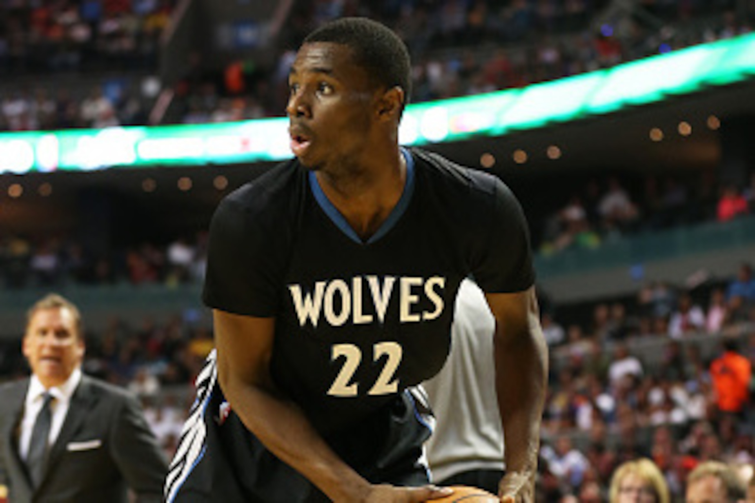 MEXICO CITY, MEXICO - NOVEMBER 12: Andrew Wiggins #22 of the Minnesota Timberwolves handles the ball against the Houston Rockets at Arena Ciudad de México in Mexico City, Mexico. NOTE TO USER: User expressly acknowledges and agrees that, by downloading an
