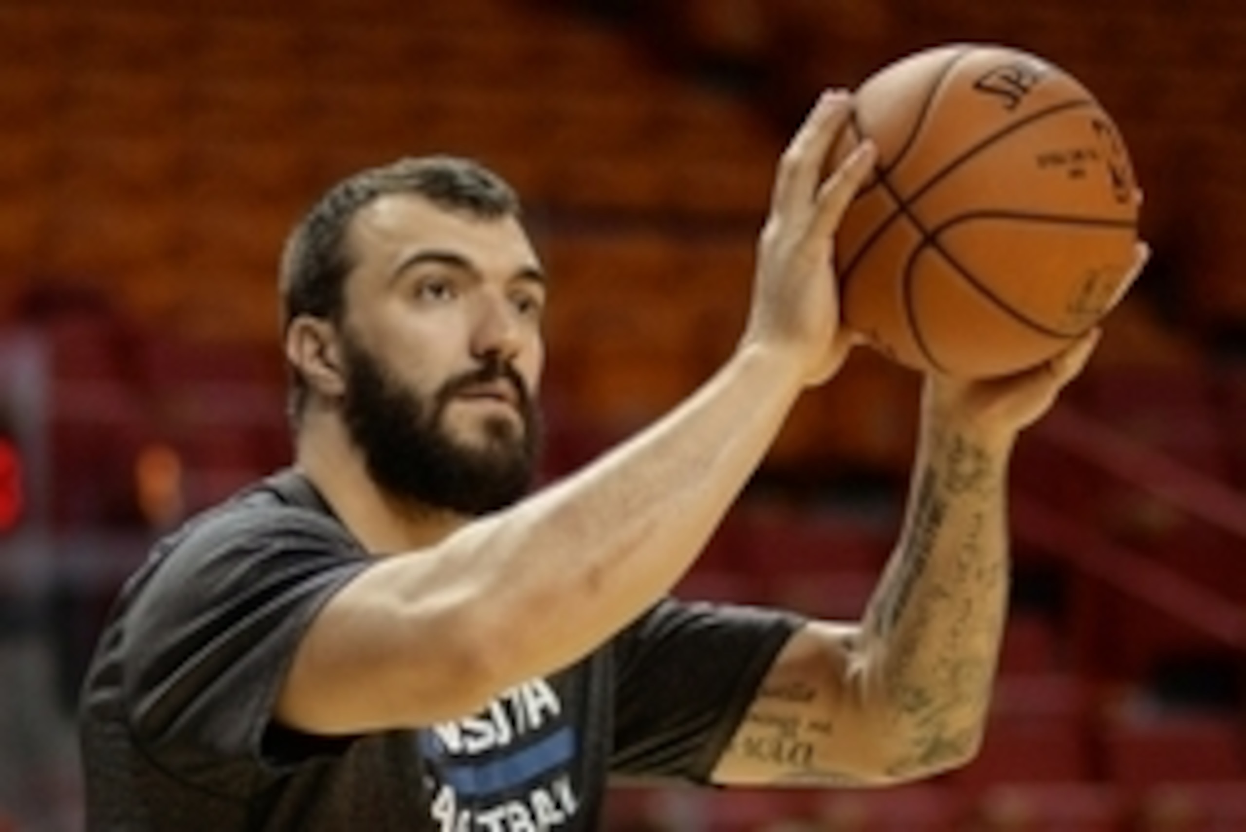 Nov 8, 2014; Miami, FL, USA; Minnesota Timberwolves center Nikola Pekovic (14) warms up before a game against the Miami Heat at American Airlines Arena. Mandatory Credit: Steve Mitchell-USA TODAY Sports