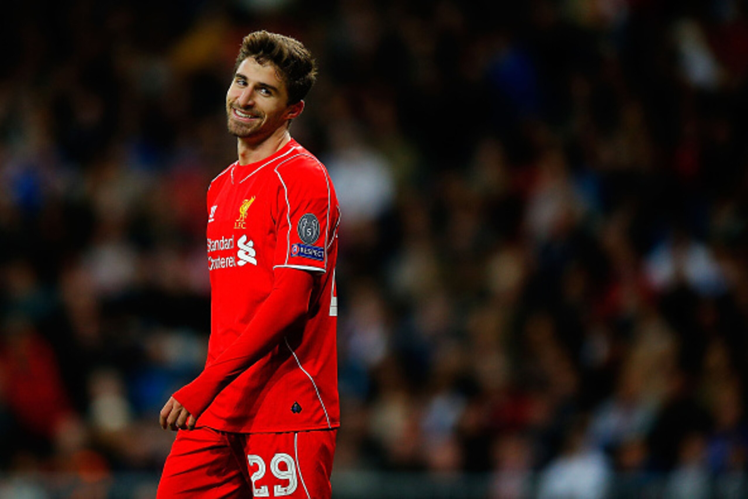 MADRID, SPAIN - NOVEMBER 04: Fabio Borini of Liverpool FC laughs during the UEFA Champions League Group B match between Real Madrid CF and Liverpool FC at Estadio Santiago Bernabeu on November 4, 2014 in Madrid, Spain.  (Photo by Gonzalo Arroyo Moreno/Get