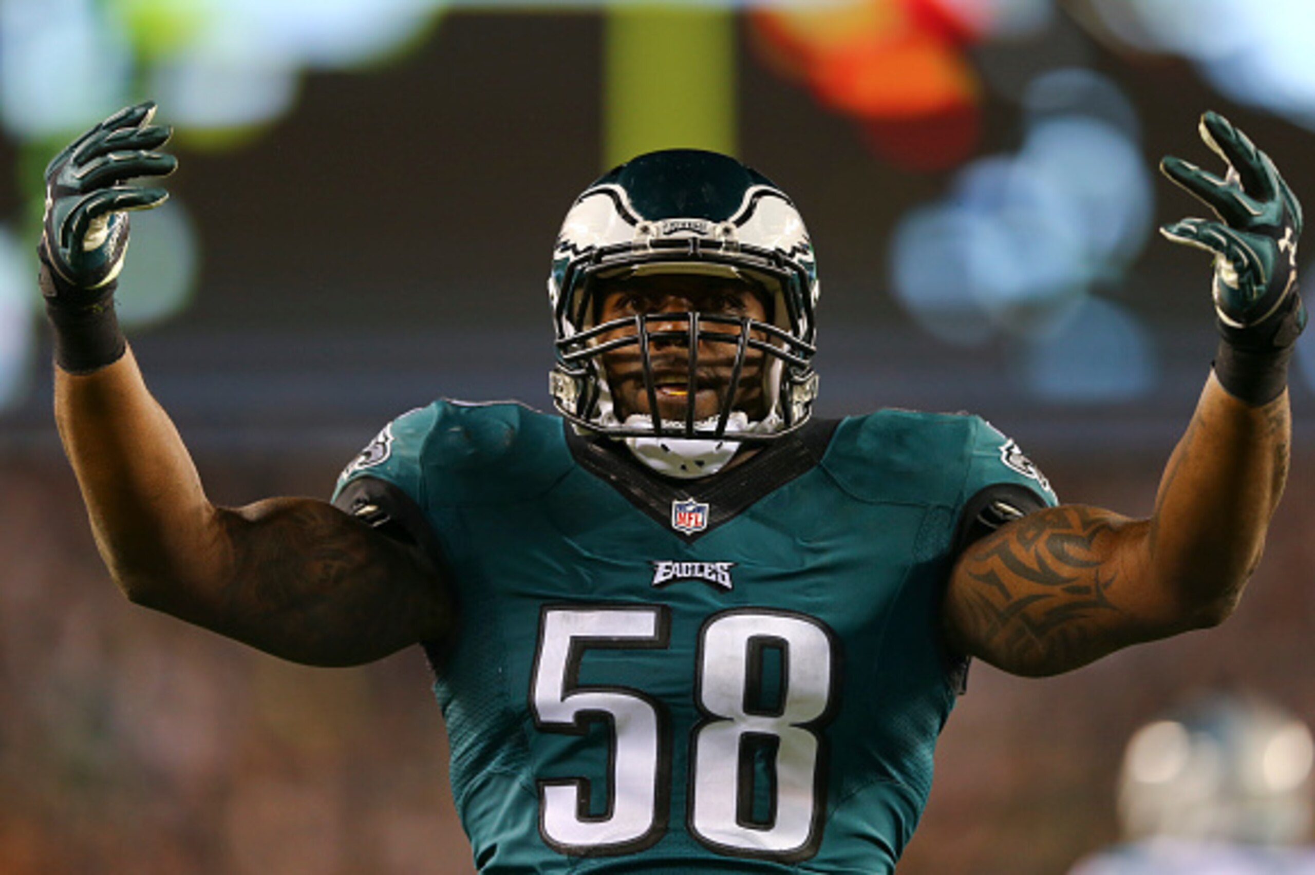 PHILADELPHIA, PA - NOVEMBER 10: Trent Cole #58 of the Philadelphia Eagles reacts after sacking Cam Newton (not pictured) of the Carolina Panthers on November 10, 2014 at Lincoln Financial Field in Philadelphia, Pennsylvania. (Photo by Elsa/Getty Images)