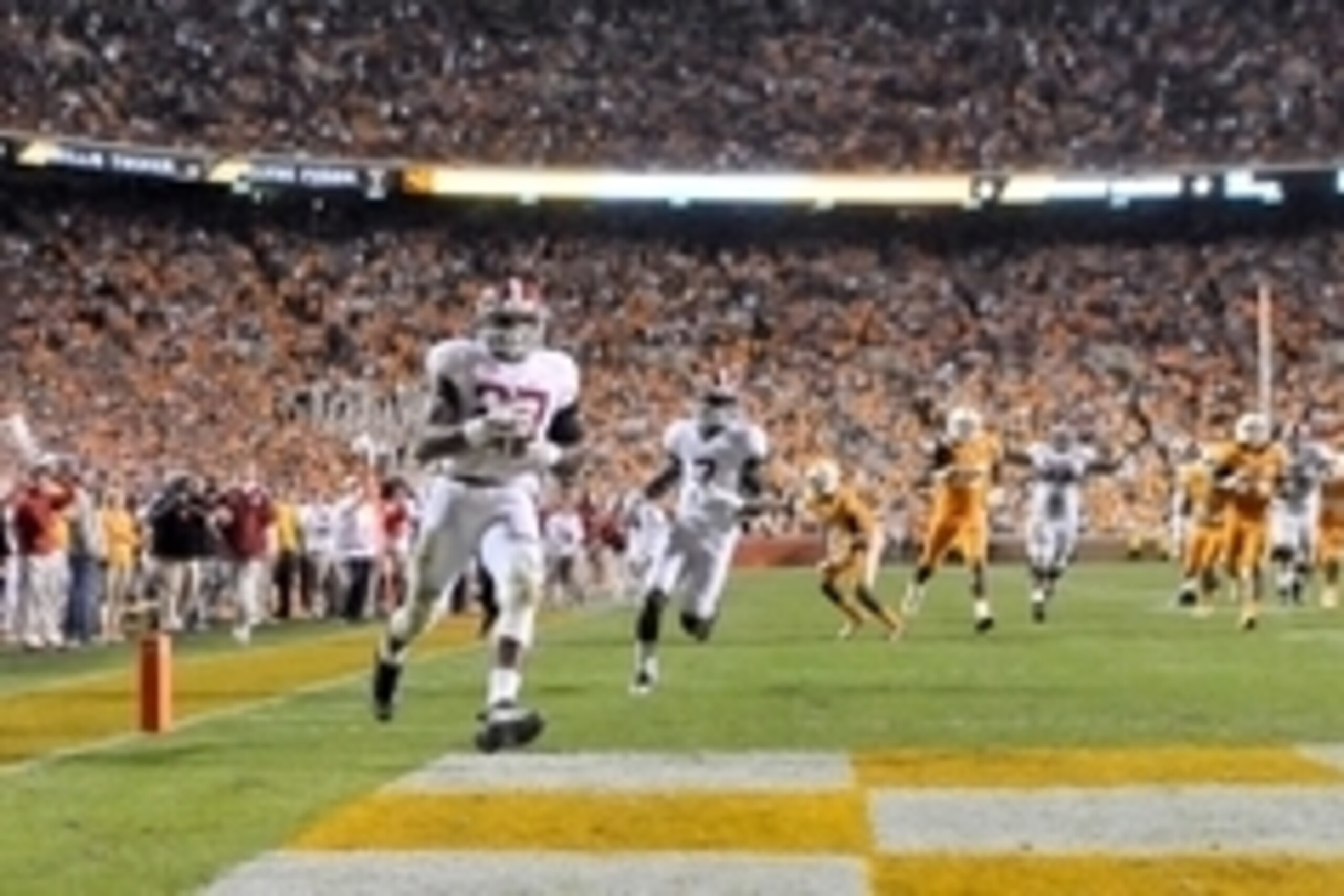 Oct 25, 2014; Knoxville, TN, USA; Alabama Crimson Tide running back Derrick Henry (27) rushes for a touchdown against the Tennessee Volunteers during the second half game at Neyland Stadium. Alabama won 34-20. Mandatory Credit: Jim Brown-USA TODAY Sports
