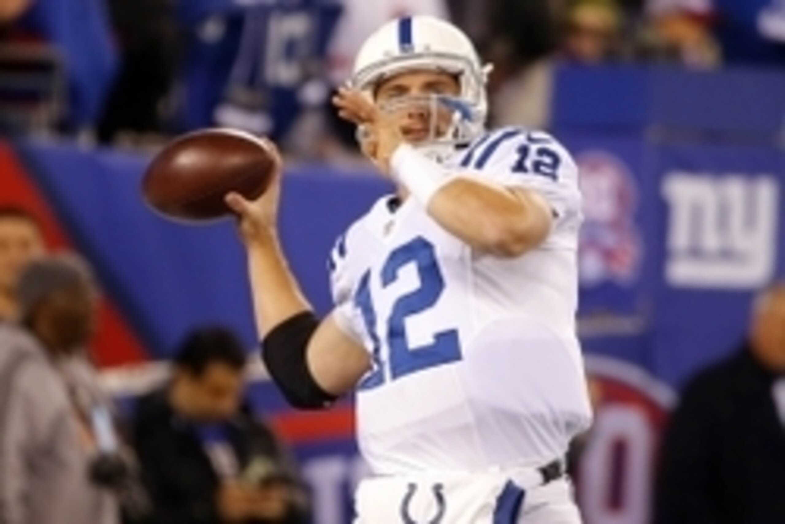 Nov 3, 2014; East Rutherford, NJ, USA;  Indianapolis Colts quarterback Andrew Luck (12) prior to the game against the New York Giants at MetLife Stadium. Mandatory Credit: Jim O'Connor-USA TODAY Sports