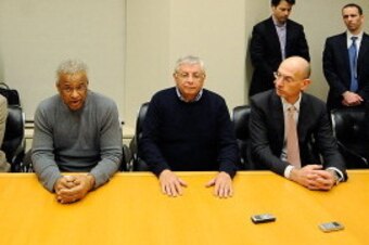 NEW YORK, NY - NOVEMBER 26:  (L-R) Maurice Evans, Derek Fisher, Billy Hunter, NBA Commissioner David Stern, NBA Deputy Commissioner Adam Silver, and Peter Holt speak to members of the press to announce a tentative labor agreement to end the 149-day lockou