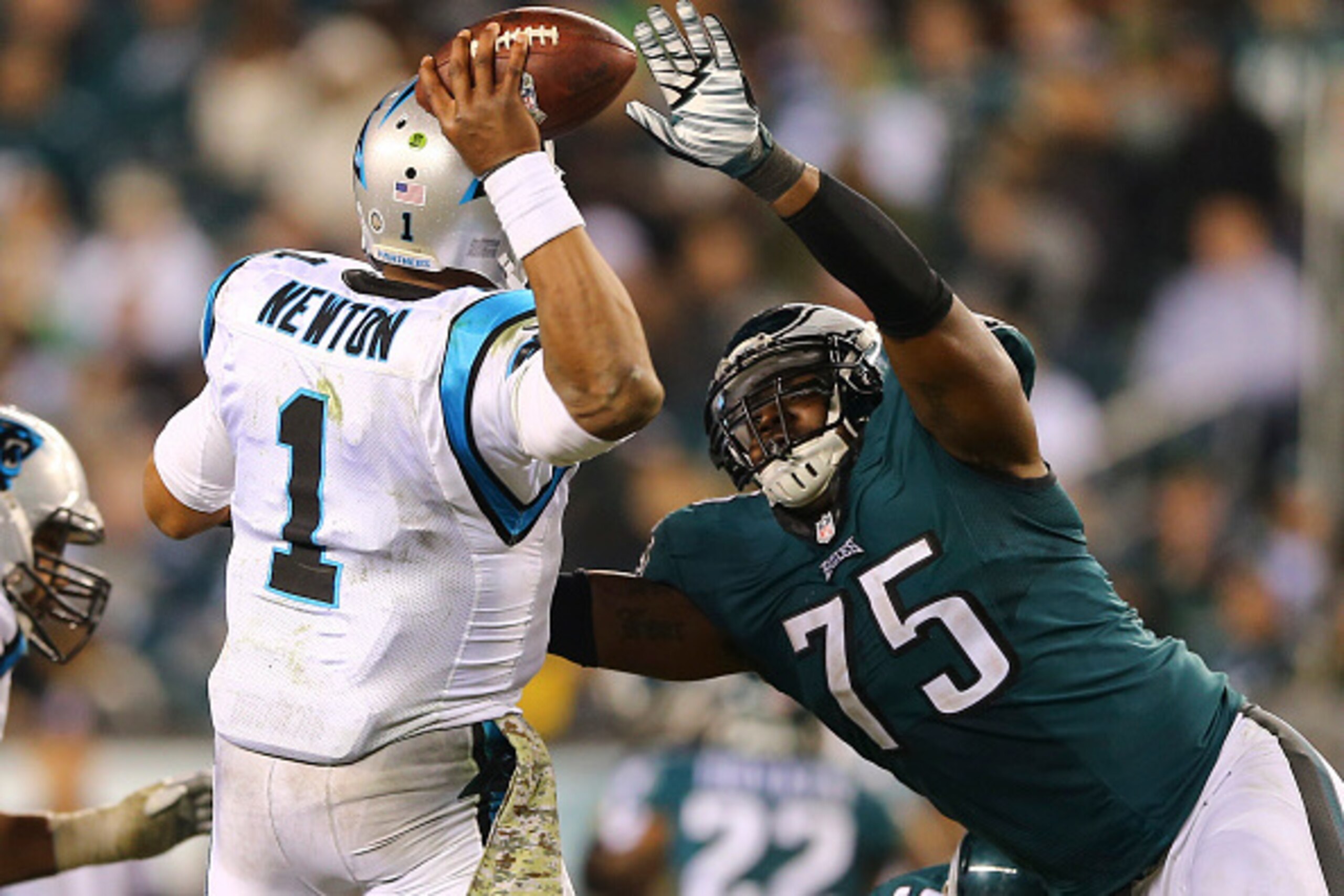PHILADELPHIA, PA - NOVEMBER 10: Vinny Curry #75 of the Philadelphia Eagles sacks Cam Newton #1 of the Carolina Panthers on November 10, 2014 at Lincoln Financial Field in Philadelphia, Pennsylvania. (Photo by Elsa/Getty Images)