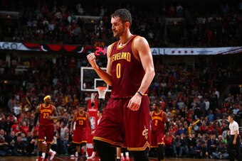 CHICAGO, IL - OCTOBER 31:  Kevin Love #0 of the Cleveland Cavaliers celebrates during a game against the Chicago Bulls at the United Center  on October 31, 2014 in Chicago, Illinois. NOTE TO USER: User expressly acknowledges and agrees that, by downloadin
