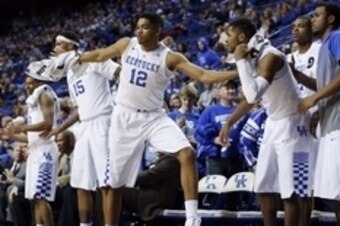 Nov 14, 2014; Lexington, KY, USA; Kentucky Wildcats forward Karl-Anthony Towns (12) reacts during the game against the Grand Canyon Antelopes in the second half at Rupp Arena. Mandatory Credit: Mark Zerof-USA TODAY Sports