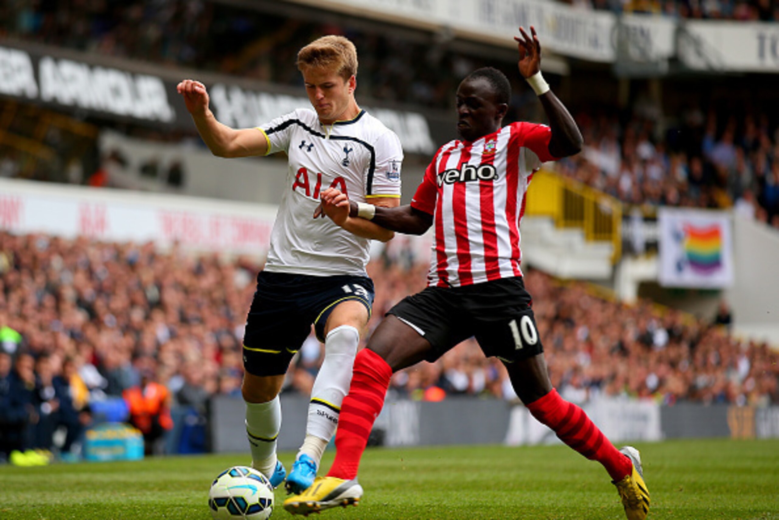 LONDON, ENGLAND - OCTOBER 05:  Eric Dier of Spurs battles for the ball with Sadio Mane of Southampton during the Barclays Premier League match between Tottenham Hotspur and Southampton at White Hart Lane on October 5, 2014 in London, England.  (Photo by B