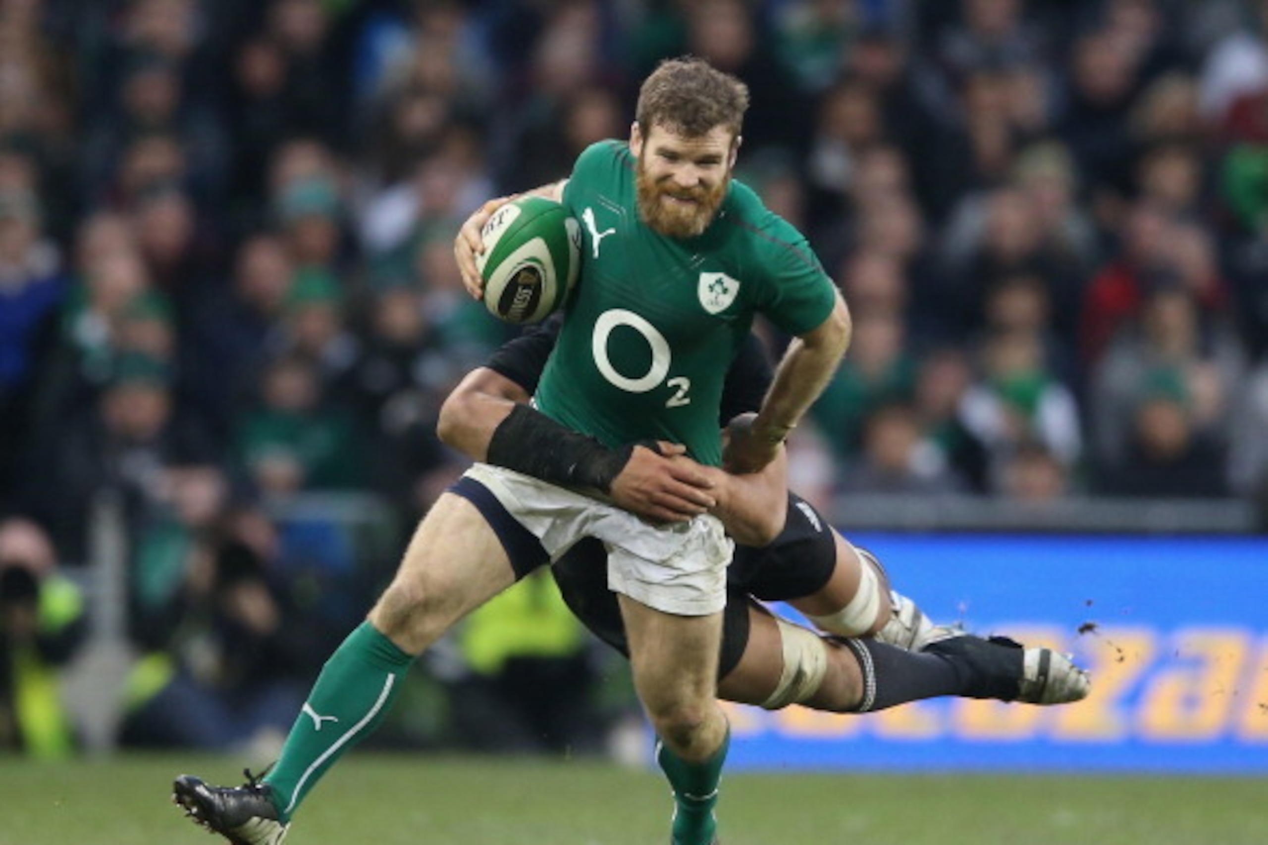 DUBLIN, IRELAND - NOVEMBER 24:  Gordon D'Arcy of Ireland is tackled by Steven Luatua  during the International match between Ireland and New Zealand All Blacks at the Aviva Stadium on November 24, 2013 in Dublin, Ireland.  (Photo by David Rogers/Getty Ima
