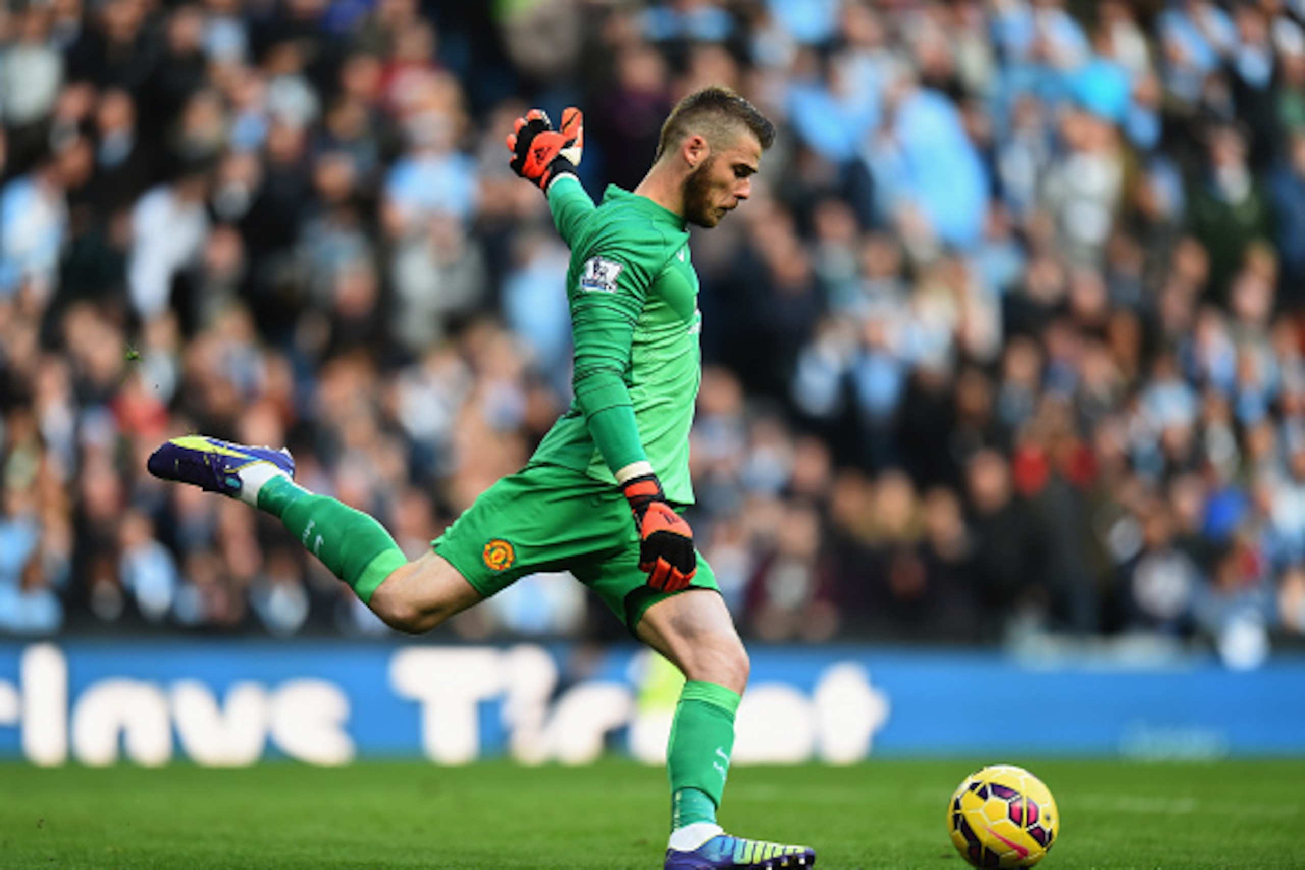 MANCHESTER, ENGLAND - NOVEMBER 02:  David De Gea of Manchester United during the Barclays Premier League match between Manchester City and Manchester United at Etihad Stadium on November 2, 2014 in Manchester, England.  (Photo by Shaun Botterill/Getty Ima