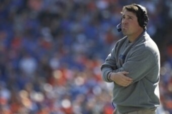 Nov 15, 2014; Gainesville, FL, USA; Florida Gators head coach Will Muschamp looks up against the South Carolina Gamecocks during the second quarter at Ben Hill Griffin Stadium. Mandatory Credit: Kim Klement-USA TODAY Sports