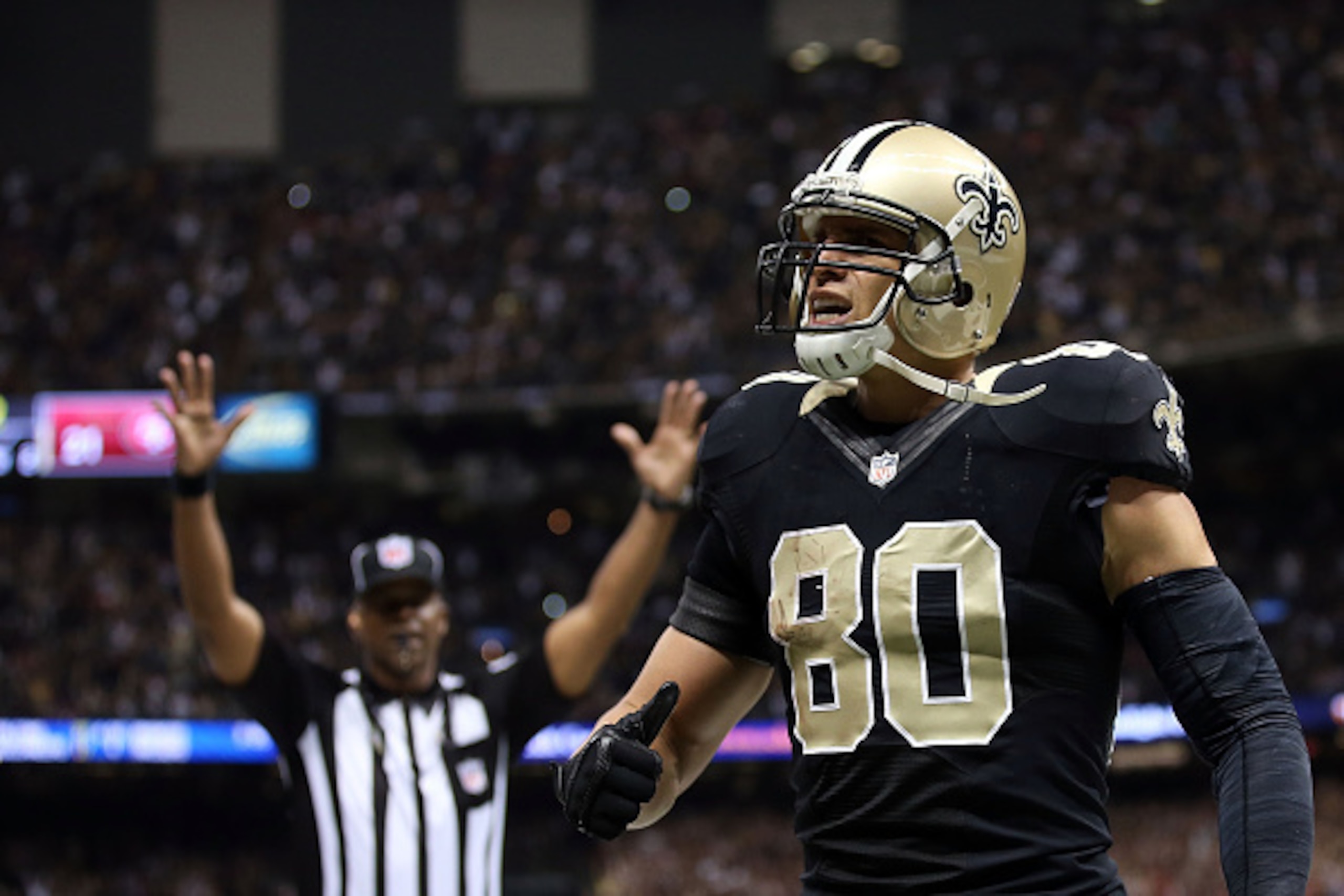 NEW ORLEANS, LA - NOVEMBER 09:  Jimmy Graham #80 of the New Orleans Saints reacts to a touchdown late in the fourth quarter during a game against the San Francisco 49ers at the Mercedes-Benz Superdome on November 9, 2014 in New Orleans, Louisiana.  (Photo