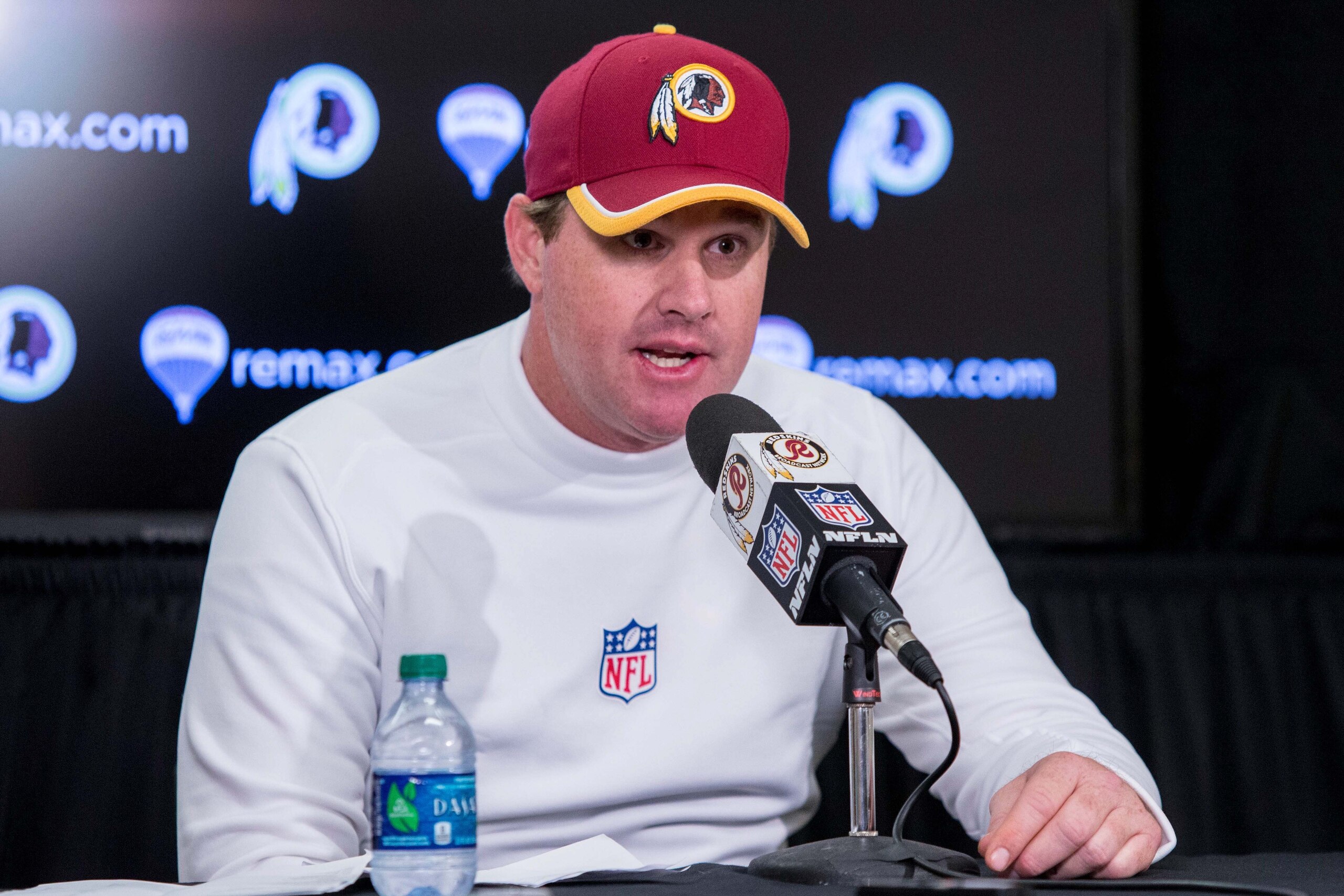 Nov 2, 2014; Minneapolis, MN, USA; Washington Redskins head coach Jay Gruden speaks to the media after the game with the Minnesota Vikings at TCF Bank Stadium. The Vikings win 29-26. Mandatory Credit: Bruce Kluckhohn-USA TODAY Sports
