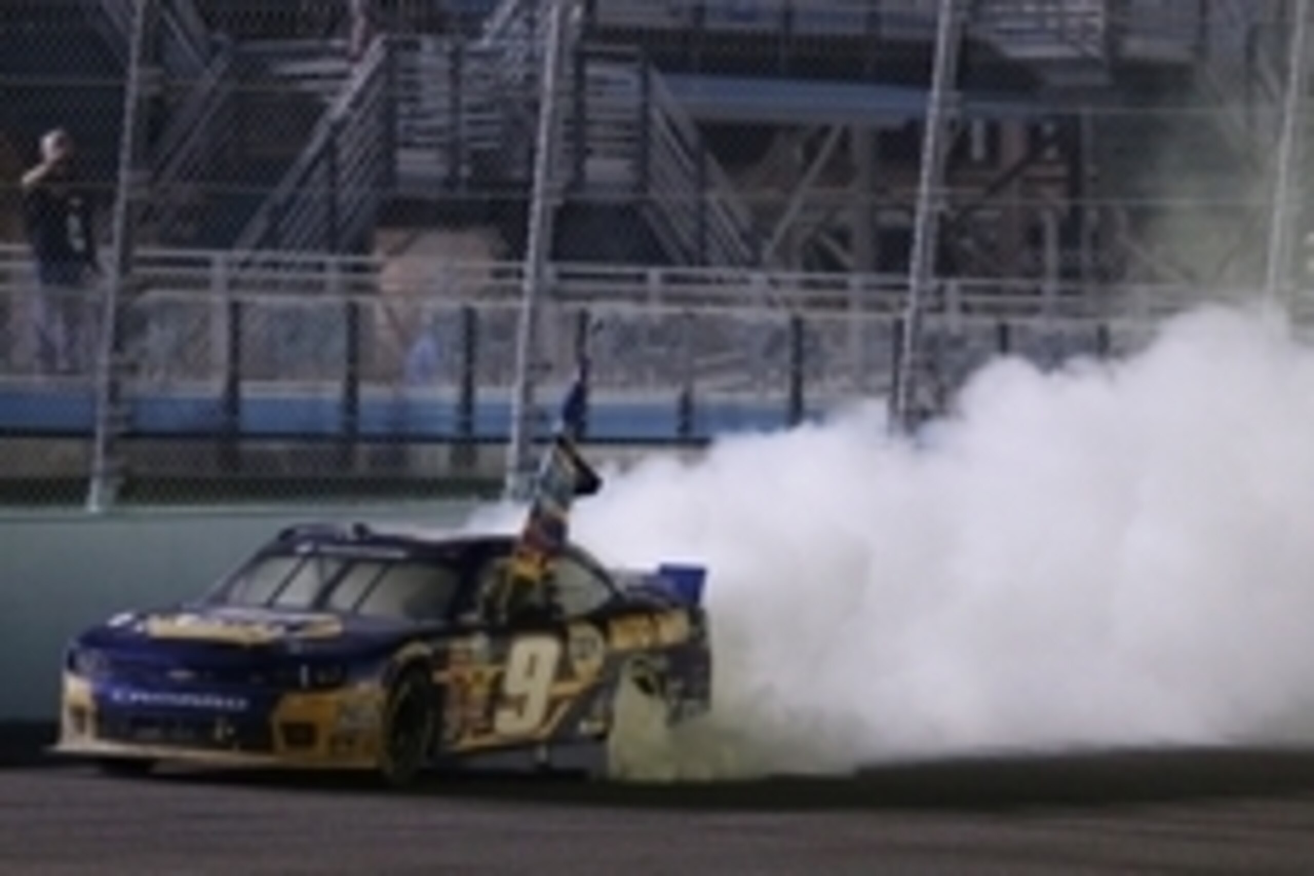 Nov 15, 2014; Homestead, FL, USA; NASCAR Nationwide Series driver Chase Elliott does a burnout after clinching the Nationwide Series championship after the Ford EcoBoost 300 at Homestead-Miami Speedway. Mandatory Credit: Jerry Lai-USA TODAY Sports Nov 15, 2014; Homestead, FL, USA; NASCAR Nationwide Series driver Chase Elliott does a burnout after clinching the Nationwide Series championship after the Ford EcoBoost 300 at Homestead-Miami Speedway. Mandatory Credit: Jerry Lai-USA TODAY Sports