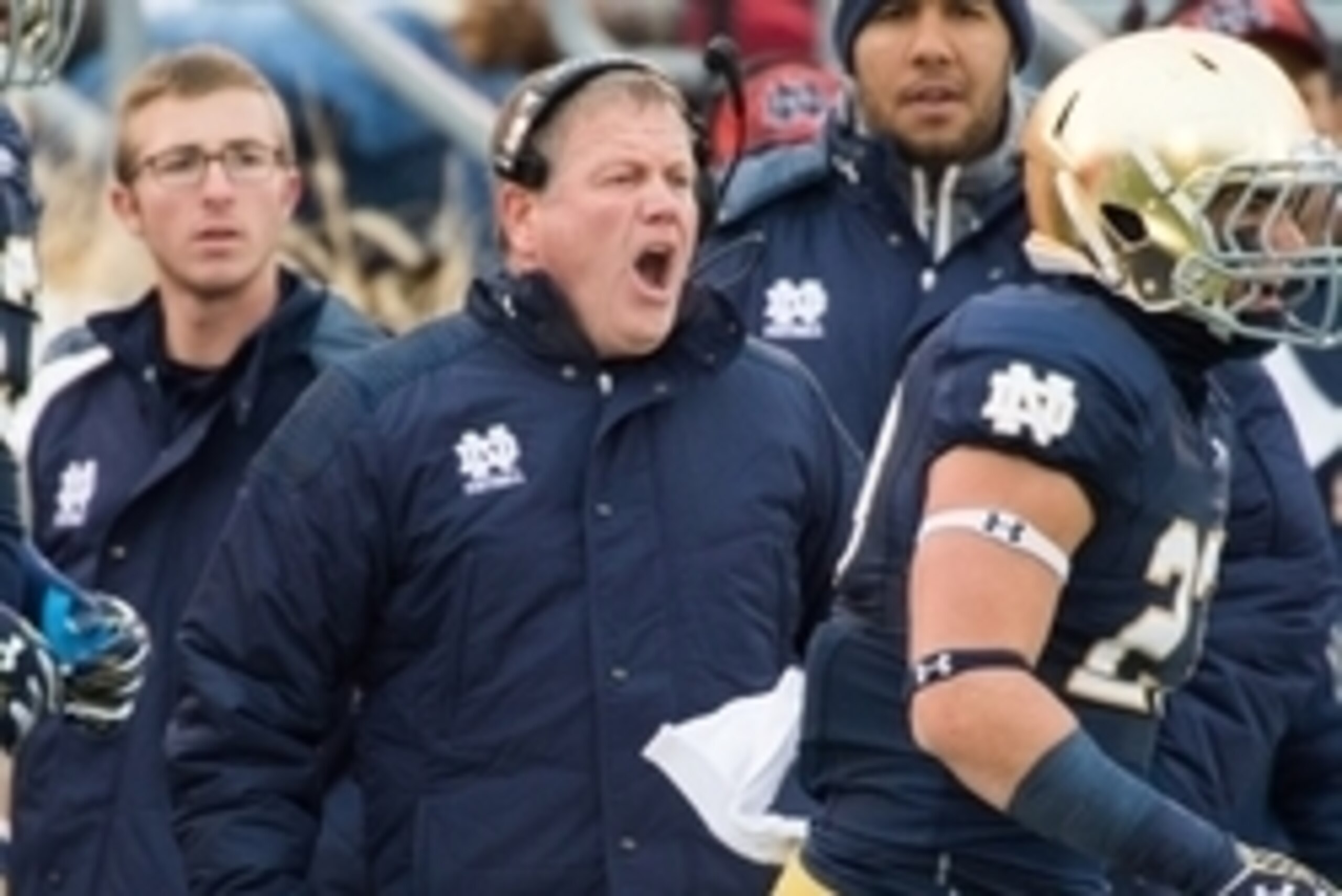 Nov 15, 2014; South Bend, IN, USA; Notre Dame Fighting Irish head coach Brian Kelly yells on the sideline in the first quarter against the Northwestern Wildcats at Notre Dame Stadium. Mandatory Credit: Matt Cashore-USA TODAY Sports