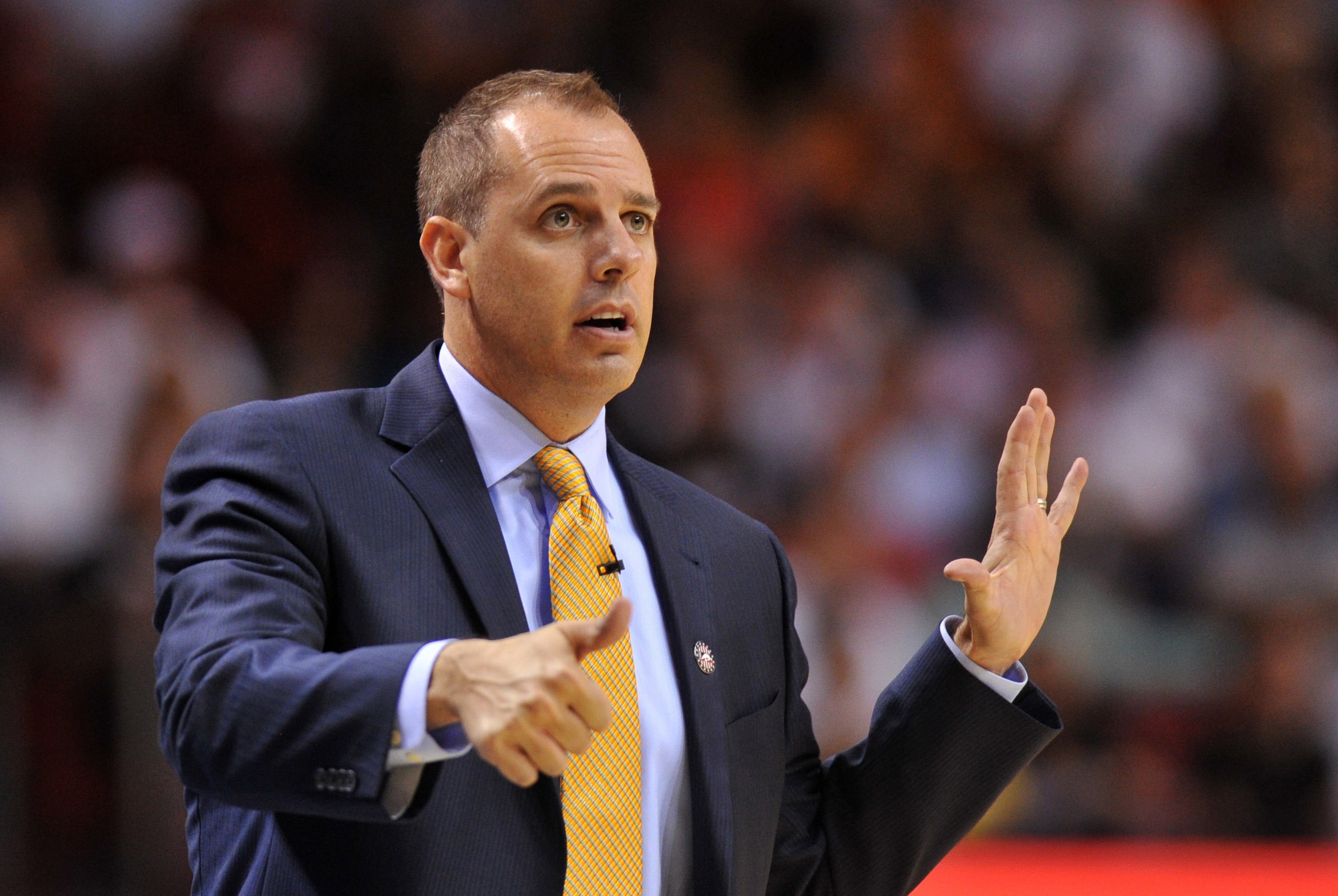 Nov 12, 2014; Miami, FL, USA; Indiana Pacers head coach Frank Vogel reacts during the second half against the Miami Heat at American Airlines Arena. The Pacers won 81-75. Mandatory Credit: Steve Mitchell-USA TODAY Sports