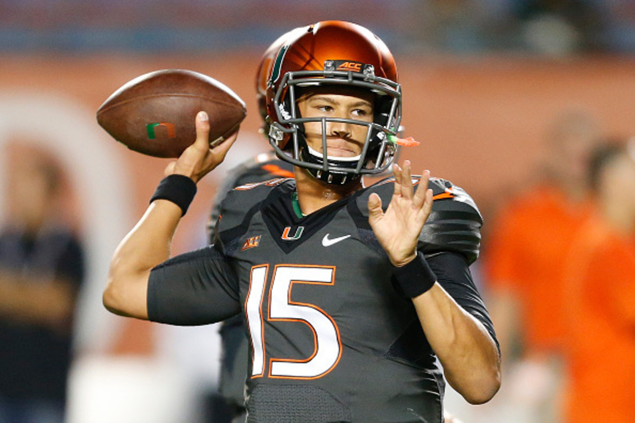 MIAMI GARDENS, FL - NOVEMBER 15: Brad Kaaya #15 of the Miami Hurricanes throws the ball prior to the game against the Florida State Seminoles on November 15, 2014 at Sun Life Stadium in Miami Gardens, Florida. (Photo by Joel Auerbach/Getty Images)