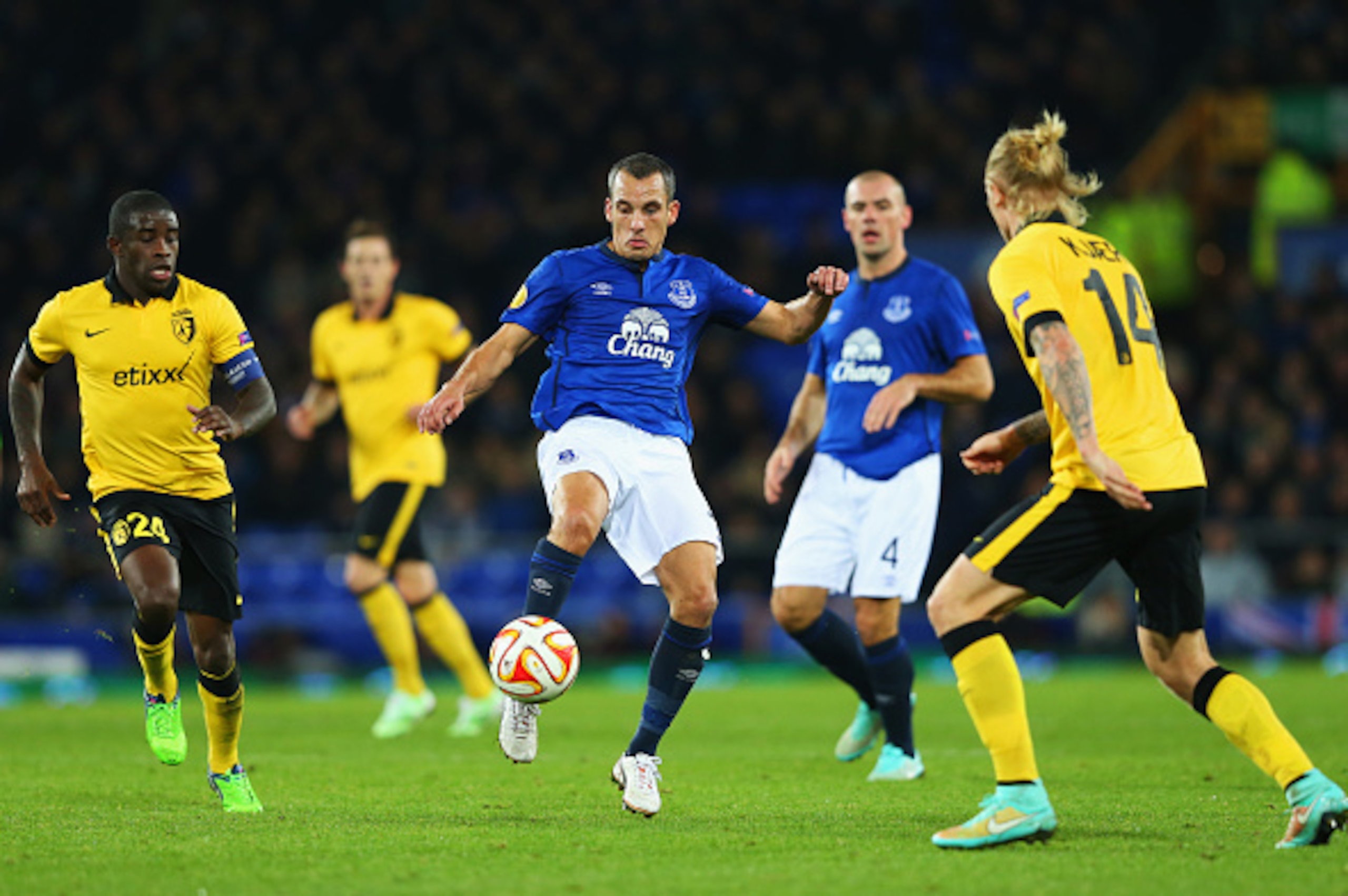 LIVERPOOL, ENGLAND - NOVEMBER 06:  Leon Osman of Everton is watched by Rio Antonio Mavuba (L) and Simon Kjaer of Lille (R) during the UEFA Europa League Group H match between Everton FC and LOSC Lille at Goodison Park on November 6, 2014 in Liverpool, Uni