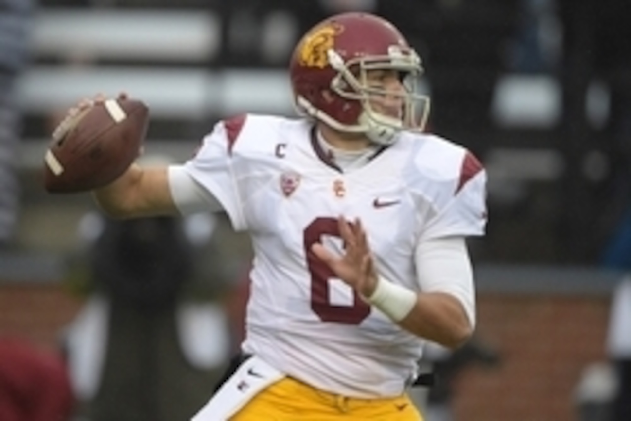 Nov 1, 2014; Pullman, WA, USA; Southern California Trojans quarterback Cody Kessler (6) looks to pass against the Washington State Cougars at Martin Stadium. Mandatory Credit: Kirby Lee-USA TODAY Sports