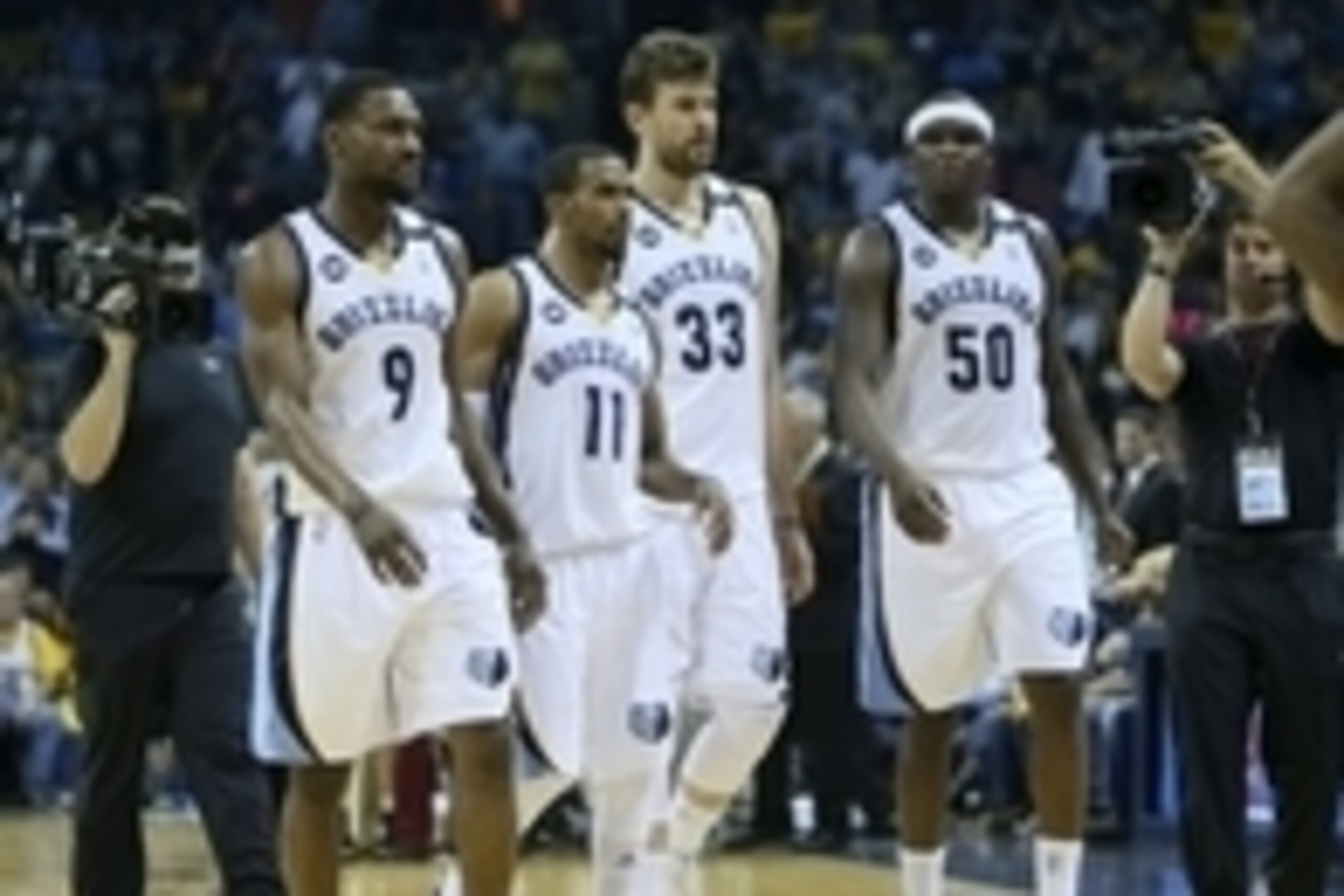 May 25, 2013; Memphis, TN, USA; Memphis Grizzlies shooting guard Tony Allen (9) Memphis Grizzlies point guard Mike Conley (11) Memphis Grizzlies center Marc Gasol (33) and Memphis Grizzlies power forward Zach Randolph (50) take a walk off the court in gam
