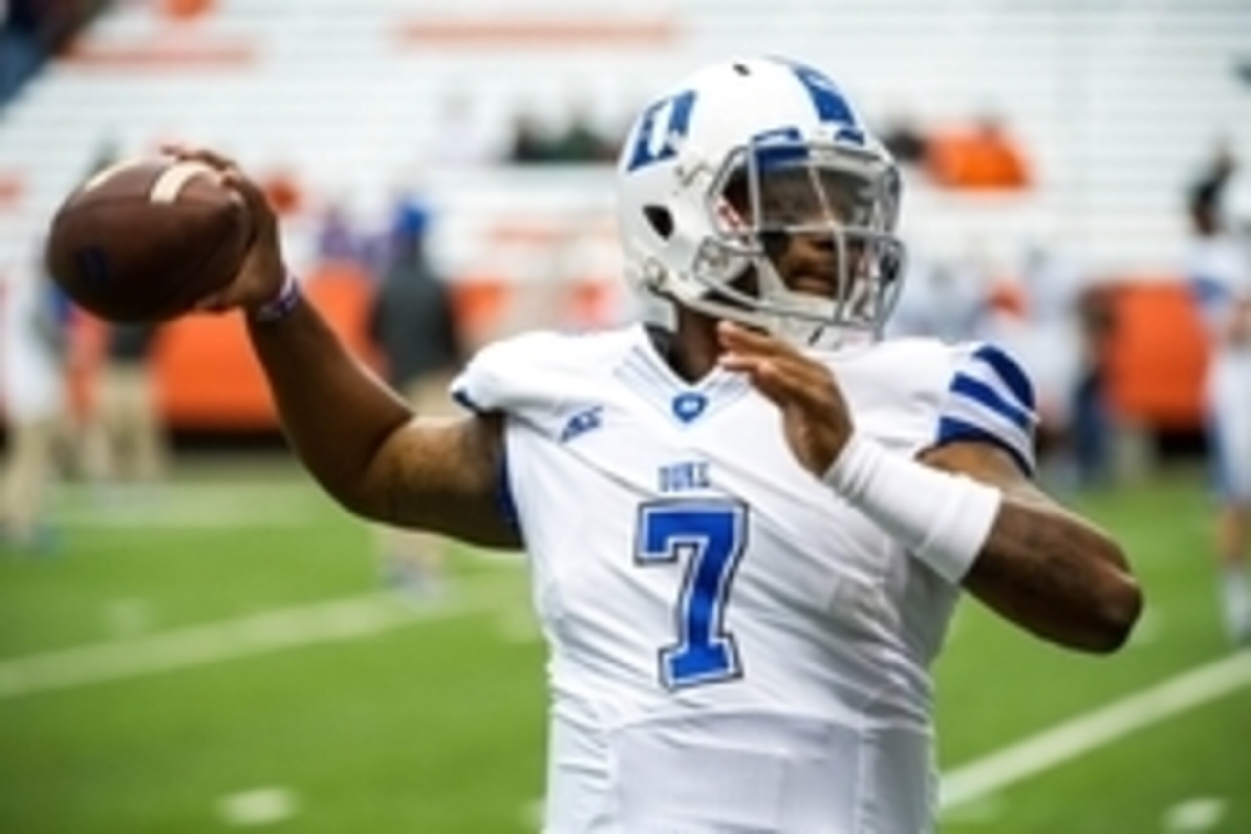 Nov 8, 2014; Syracuse, NY, USA; Duke Blue Devils quarterback Anthony Boone (7) warms up prior to the game against the Syracuse Orange at the Carrier Dome.  Duke defeated Syracuse 27-10.  Mandatory Credit: Rich Barnes-USA TODAY Sports