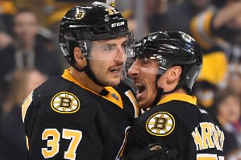 BOSTON, MA - NOVEMBER 15 : Patrice Bergeron #37 and Brad Marchand #63 of the Boston Bruins celebrate a goal against the Carolina Hurricanes at the TD Garden on November 15, 2014 in Boston, Massachusetts.  (Photo by Brian Babineau/NHLI via Getty Images)