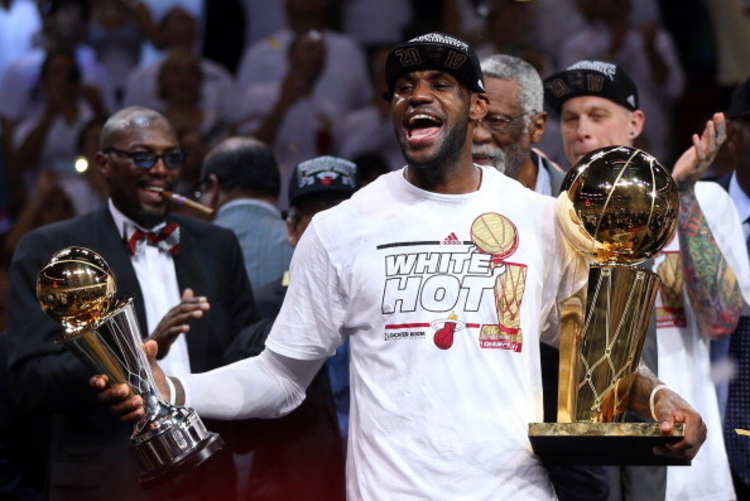 MIAMI, FL - JUNE 20:  LeBron James #6 of the Miami Heat celebrates after defeating the San Antonio Spurs 95-88 to win Game Seven of the 2013 NBA Finals at AmericanAirlines Arena on June 20, 2013 in Miami, Florida. NOTE TO USER: User expressly acknowledges