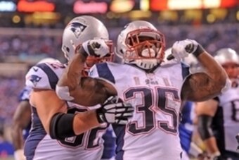 Nov 16, 2014; Indianapolis, IN, USA; New England Patriots running back Jonas Gray (35) celebrates a first half score against the Indianapolis Colts  at Lucas Oil Stadium. Mandatory Credit: Thomas J. Russo-USA TODAY Sports