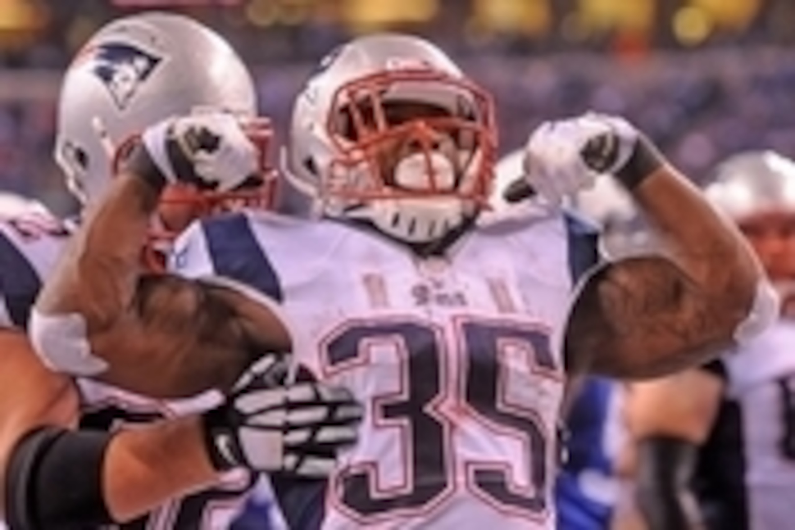 Nov 16, 2014; Indianapolis, IN, USA; New England Patriots running back Jonas Gray (35) celebrates a first half score against the Indianapolis Colts  at Lucas Oil Stadium. Mandatory Credit: Thomas J. Russo-USA TODAY Sports