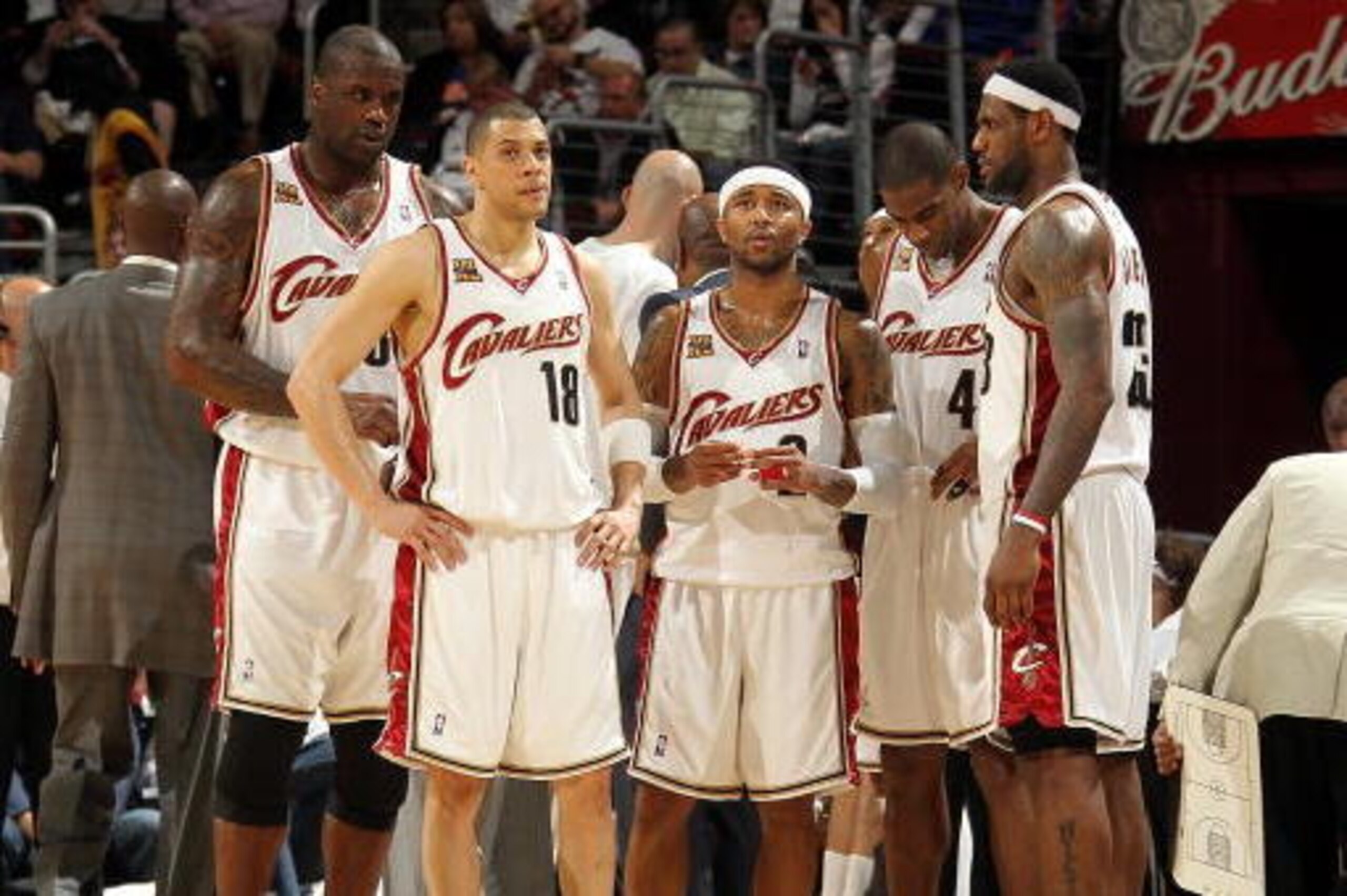 CLEVELAND - MAY 11:   Shaquille O'Neal #33,  Anthony Parker #18,  Mo Williams #2, Antawn Jamison #4 and LeBron James #23 of the Cleveland Cavaliers stand on court against the Boston Celtics in Game Five of the Eastern Conference Semifinals during the 2010