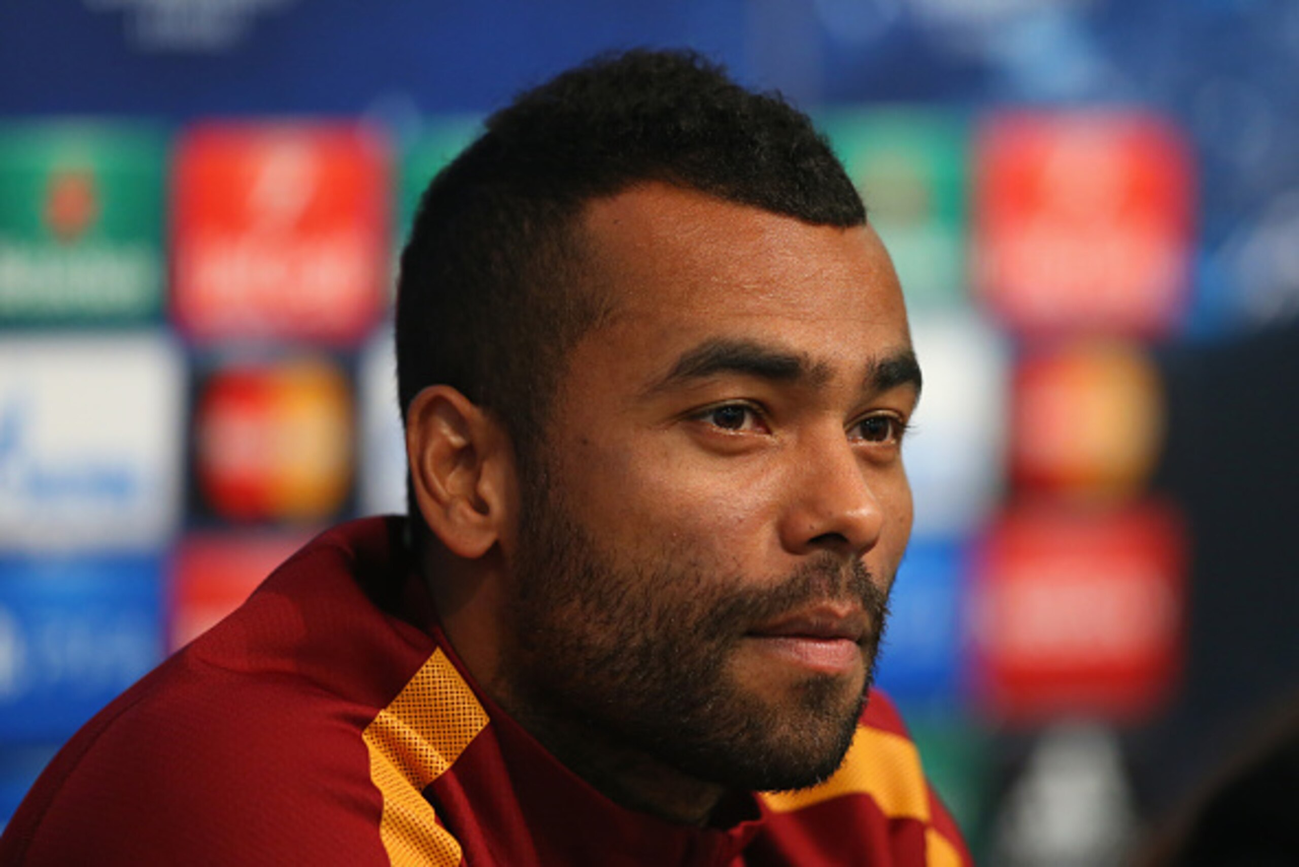 MANCHESTER, ENGLAND - SEPTEMBER 29:  Ashley Cole of AS Roma faces the media during a press conference at Etihad Stadium on September 29, 2014 in Manchester, England.  (Photo by Alex Livesey/Getty Images)