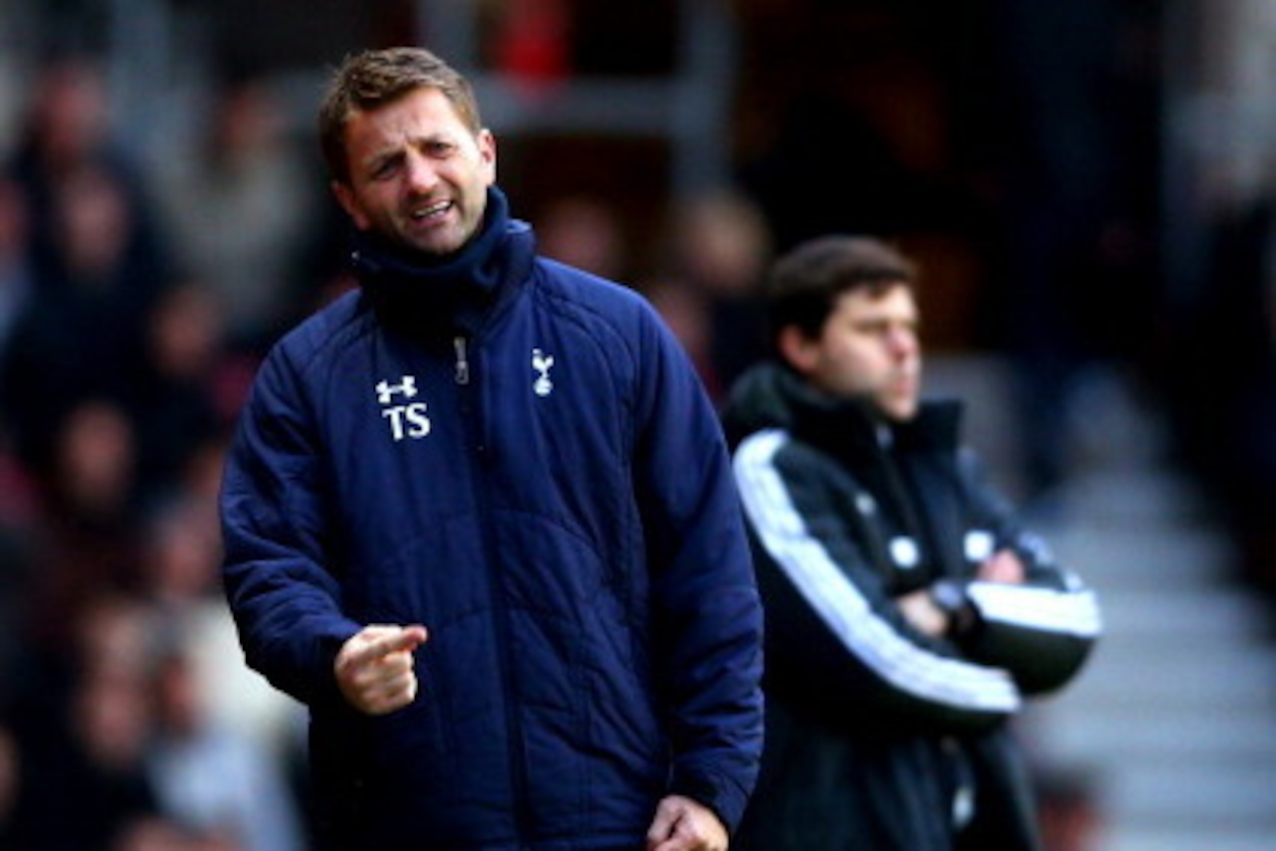 SOUTHAMPTON, ENGLAND - DECEMBER 22:  (L-R) Tim Sherwood the Spurs interim manager directs his players as Mauricio Pochettino the Southampton manager looks on during the Barclays Premier League match between Southampton and Tottenham Hotspur at St Mary's S