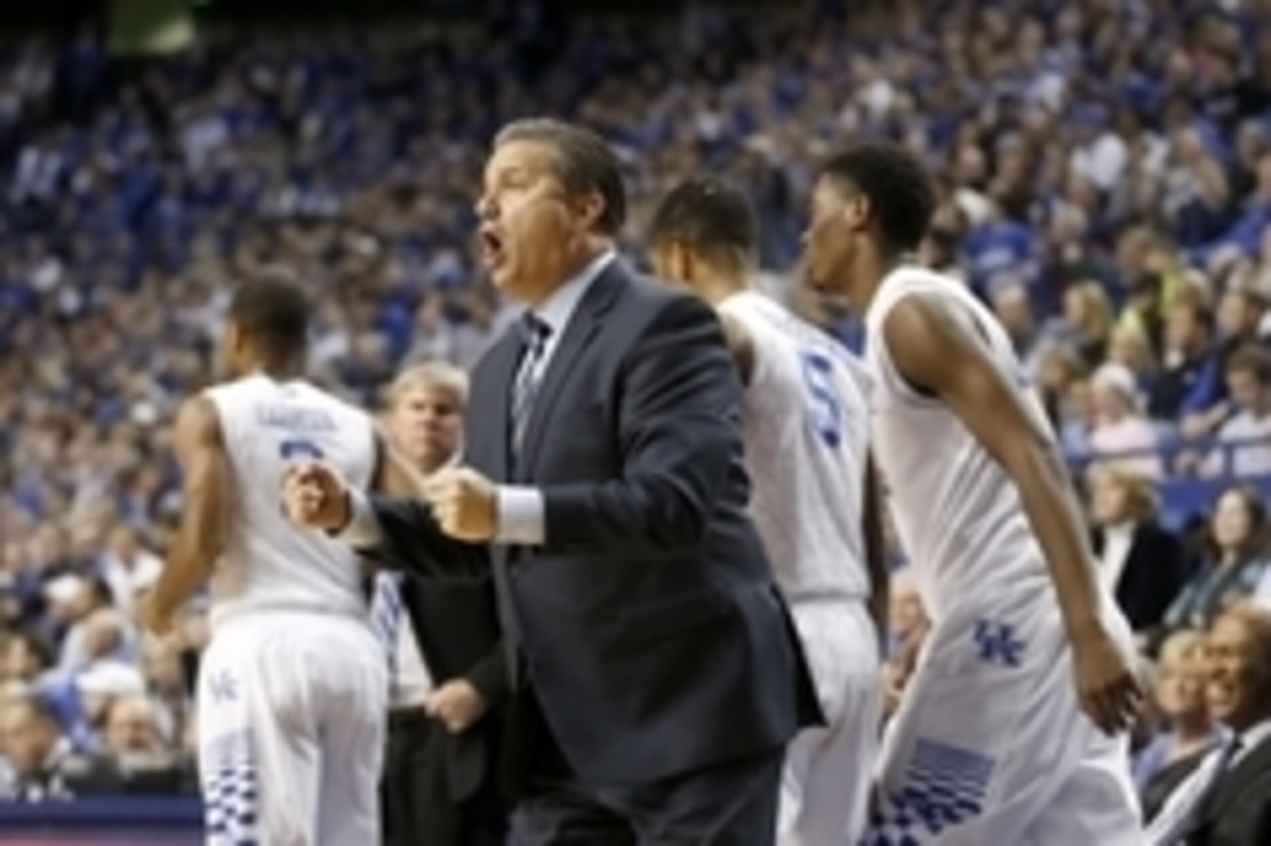 Nov 16, 2014; Lexington, KY, USA; Kentucky Wildcats head coach John Calipari reacts during the game against the Buffalo Bulls in the second half at Rupp Arena. Kentucky defeated Buffalo 71-52. Mandatory Credit: Mark Zerof-USA TODAY Sports