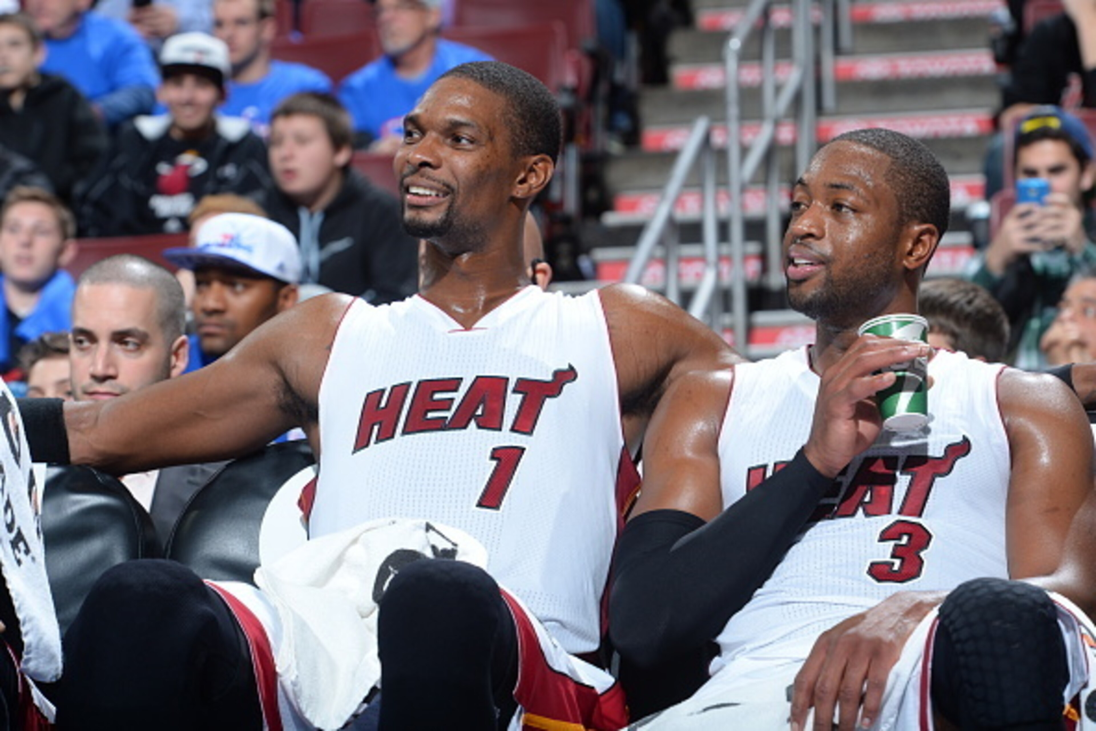 PHILADELPHIA, PA - NOVEMBER 1: Chris Bosh #1 and Dwyane Wade #3 of the Miami Heat look on during the game against the Philadelphia 76ers on November 1, 2014 at the Wells Fargo Center in Philadelphia, Pennsylvania. NOTE TO USER: User expressly acknowledges
