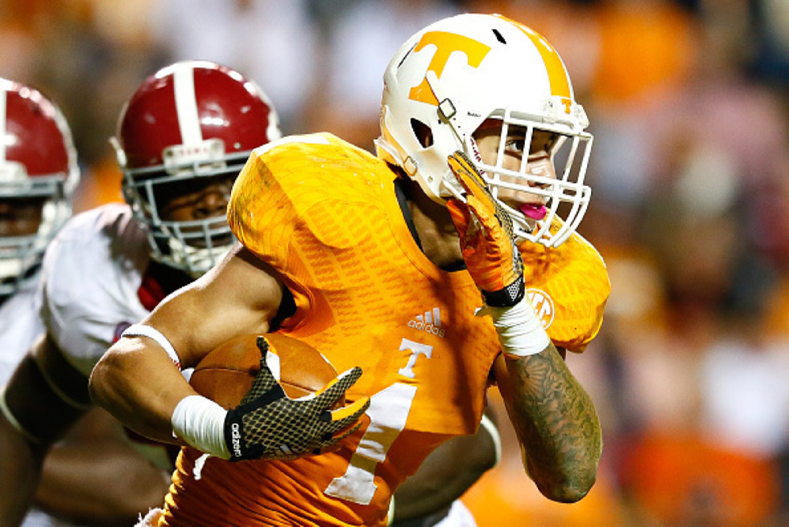 KNOXVILLE, TN - OCTOBER 25:  Jalen Hurd #1 of the Tennessee Volunteers against the Alabama Crimson Tide at Neyland Stadium on October 25, 2014 in Knoxville, Tennessee.  (Photo by Kevin C. Cox/Getty Images)