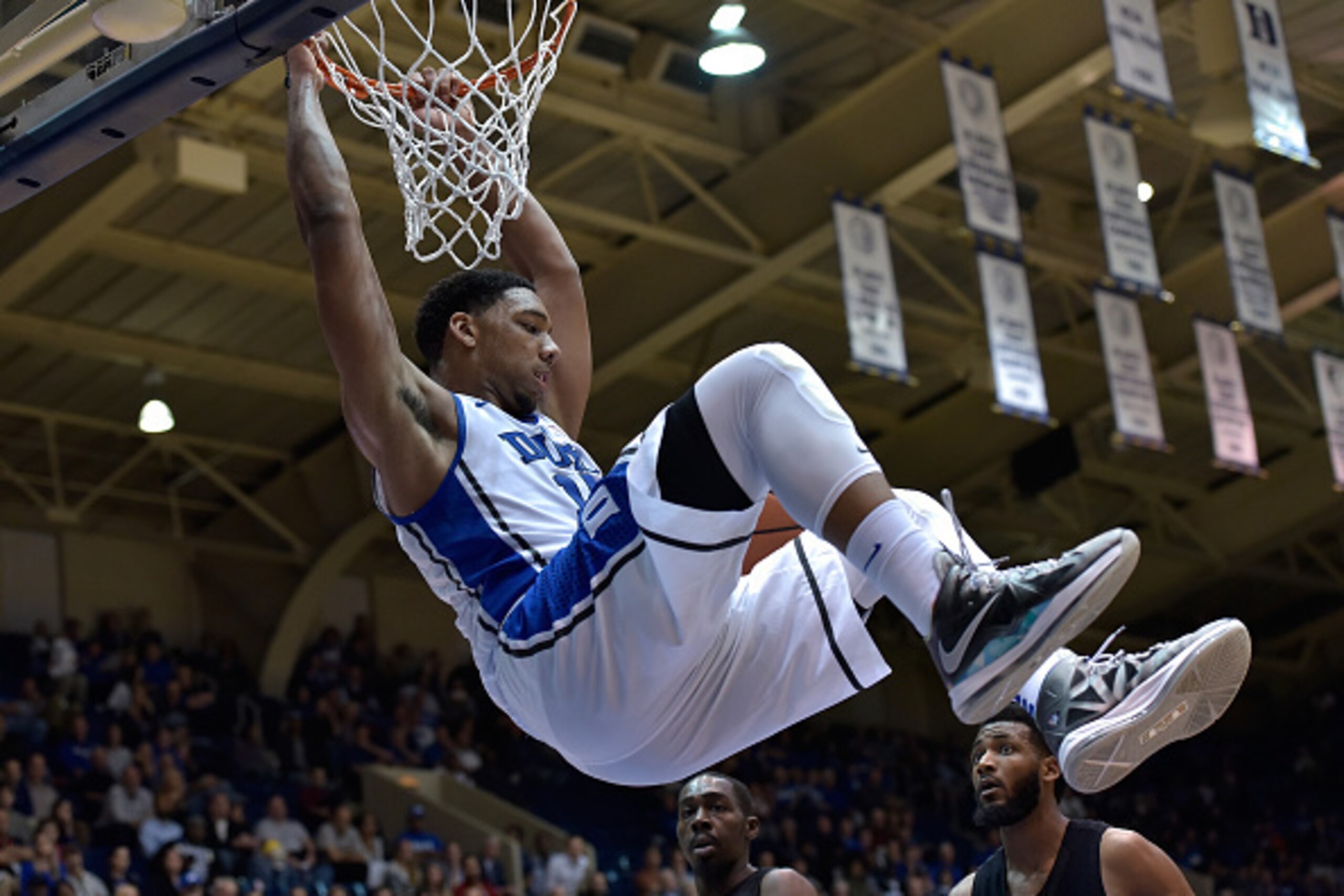 DURHAM, NC - NOVEMBER 04:  Jahlil Okafor #15 of the Duke Blue Devils dunks against the Livingstone College Blue Bears during their game at Cameron Indoor Stadium on November 4, 2014 in Durham, North Carolina. Duke won 115-58.  (Photo by Grant Halverson/Ge