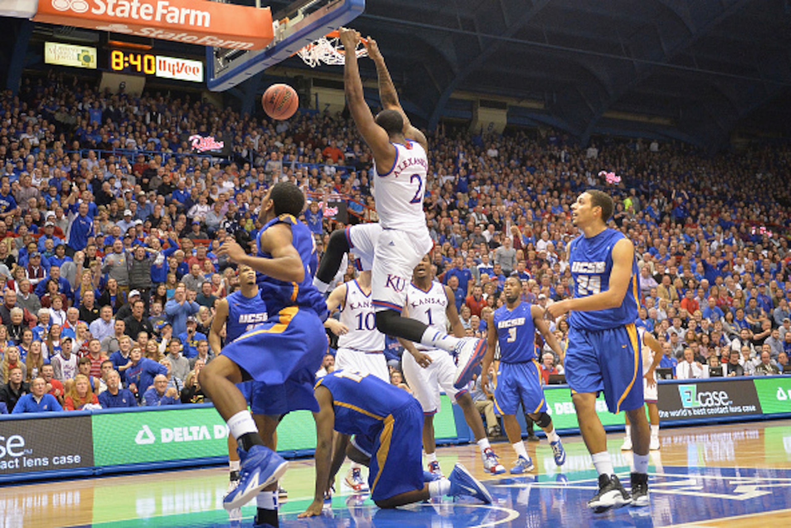 LAWRENCE, KS - NOVEMBER 14:  Cliff Alexander #2 of the Kansas Jayhawks slam dunks the balls in the second half against the UC Santa Barbara Gauchos at Allen Fieldhouse on November 14, 2014 in Lawrence, Kansas. (Photo by Michael B. Thomas/Getty Images)