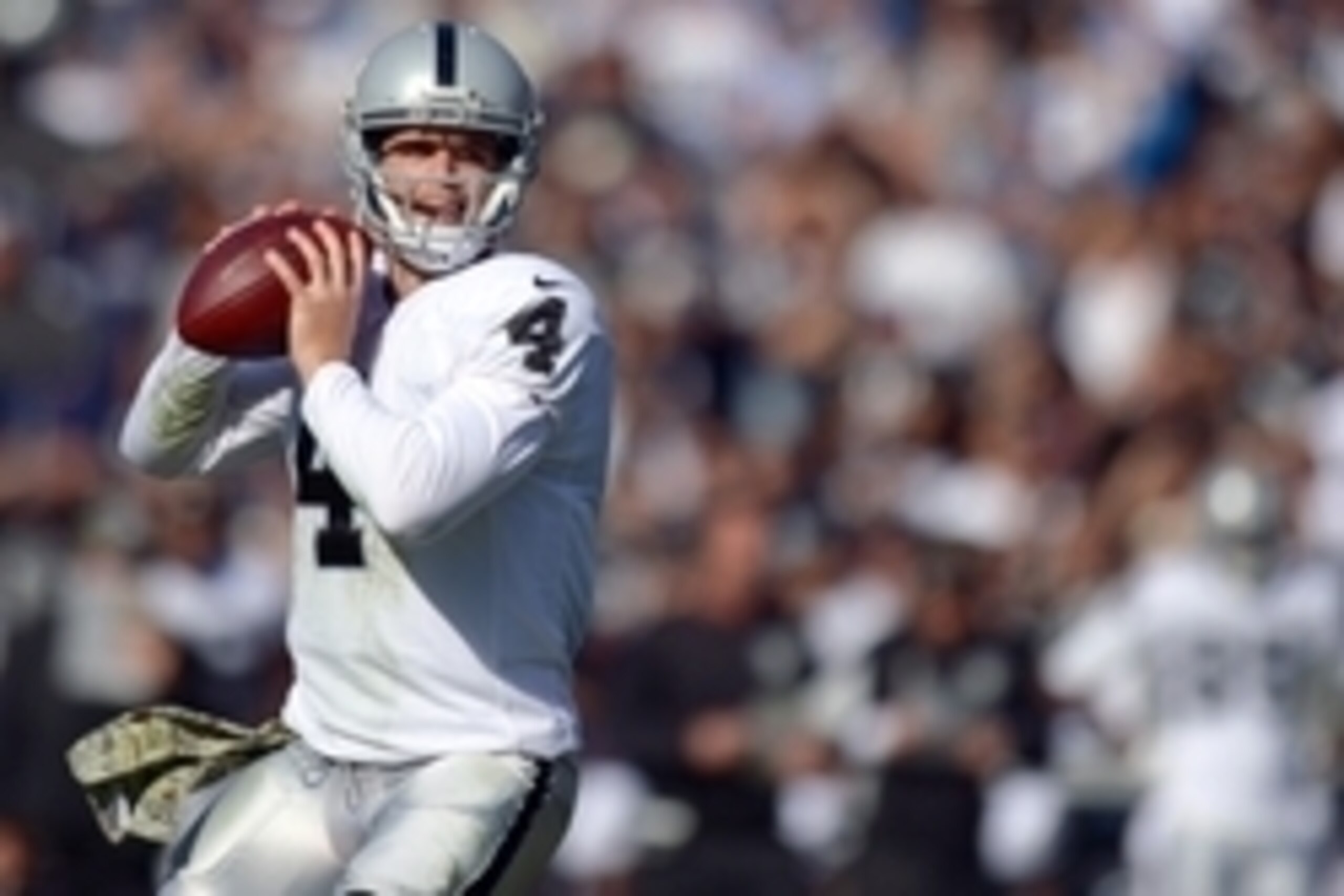 Nov 16, 2014; San Diego, CA, USA; Oakland Raiders quarterback Derek Carr (4) drops back to pass during the first quarter against the San Diego Chargers at Qualcomm Stadium. Mandatory Credit: Jake Roth-USA TODAY Sports