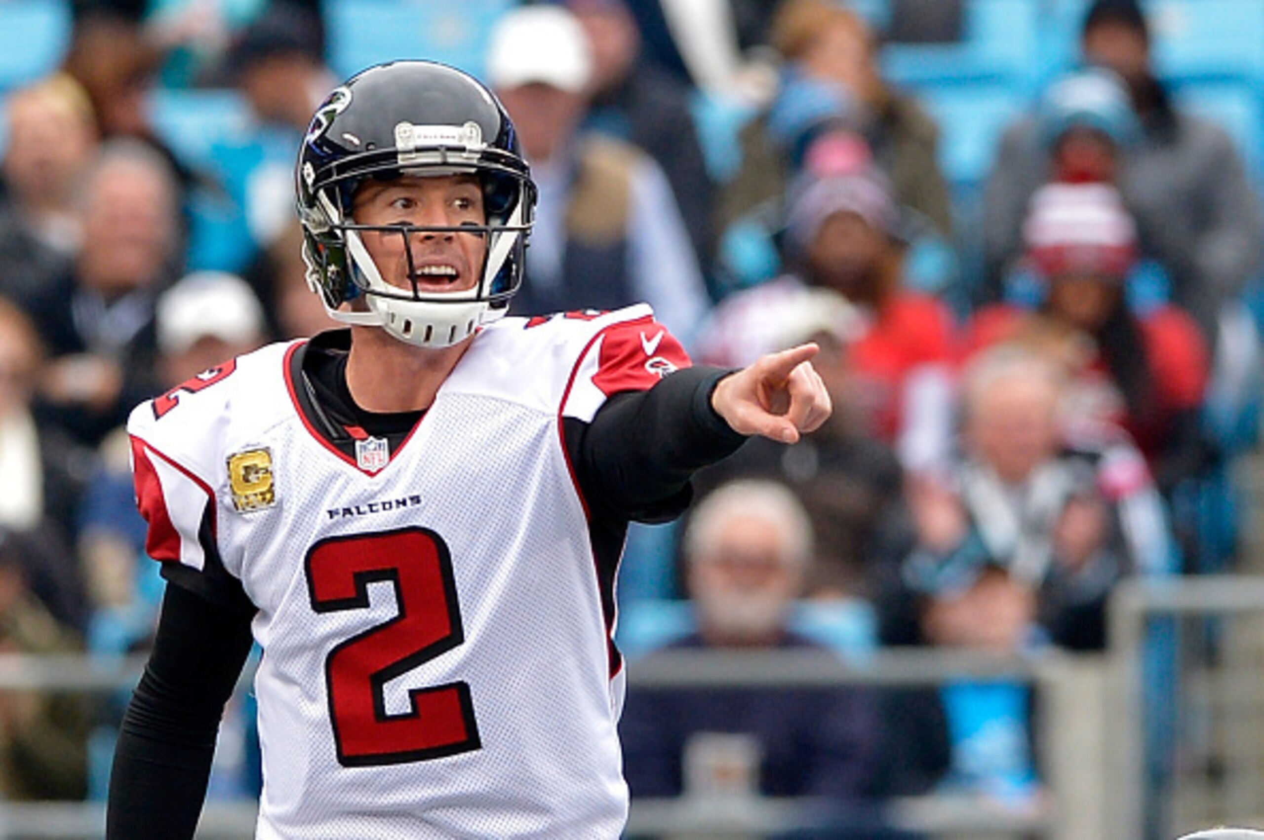 CHARLOTTE, NC - NOVEMBER 16:  Matt Ryan #2 of the Atlanta Falcons makes a call at the line of scrimmage against the Carolina Panthers in the 3rd quarter during their game at Bank of America Stadium on November 16, 2014 in Charlotte, North Carolina.  (Phot