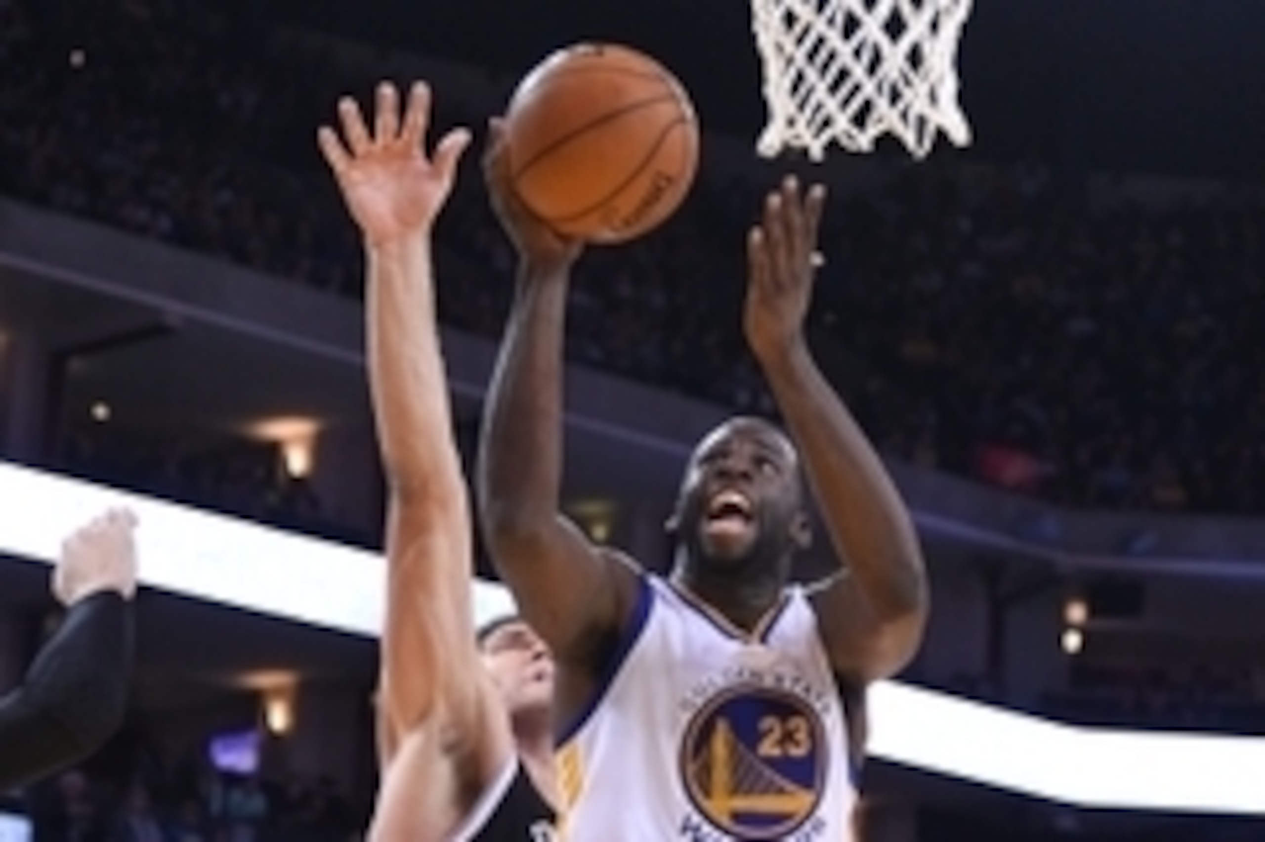 November 13, 2014; Oakland, CA, USA; Golden State Warriors forward Draymond Green (23) shoots the basketball against Brooklyn Nets center Brook Lopez (11) during the third quarter at Oracle Arena. The Warriors defeated the Nets 107-99. Mandatory Credit: K November 13, 2014; Oakland, CA, USA; Golden State Warriors forward Draymond Green (23) shoots the basketball against Brooklyn Nets center Brook Lopez (11) during the third quarter at Oracle Arena. The Warriors defeated the Nets 107-99. Mandatory Credit: K