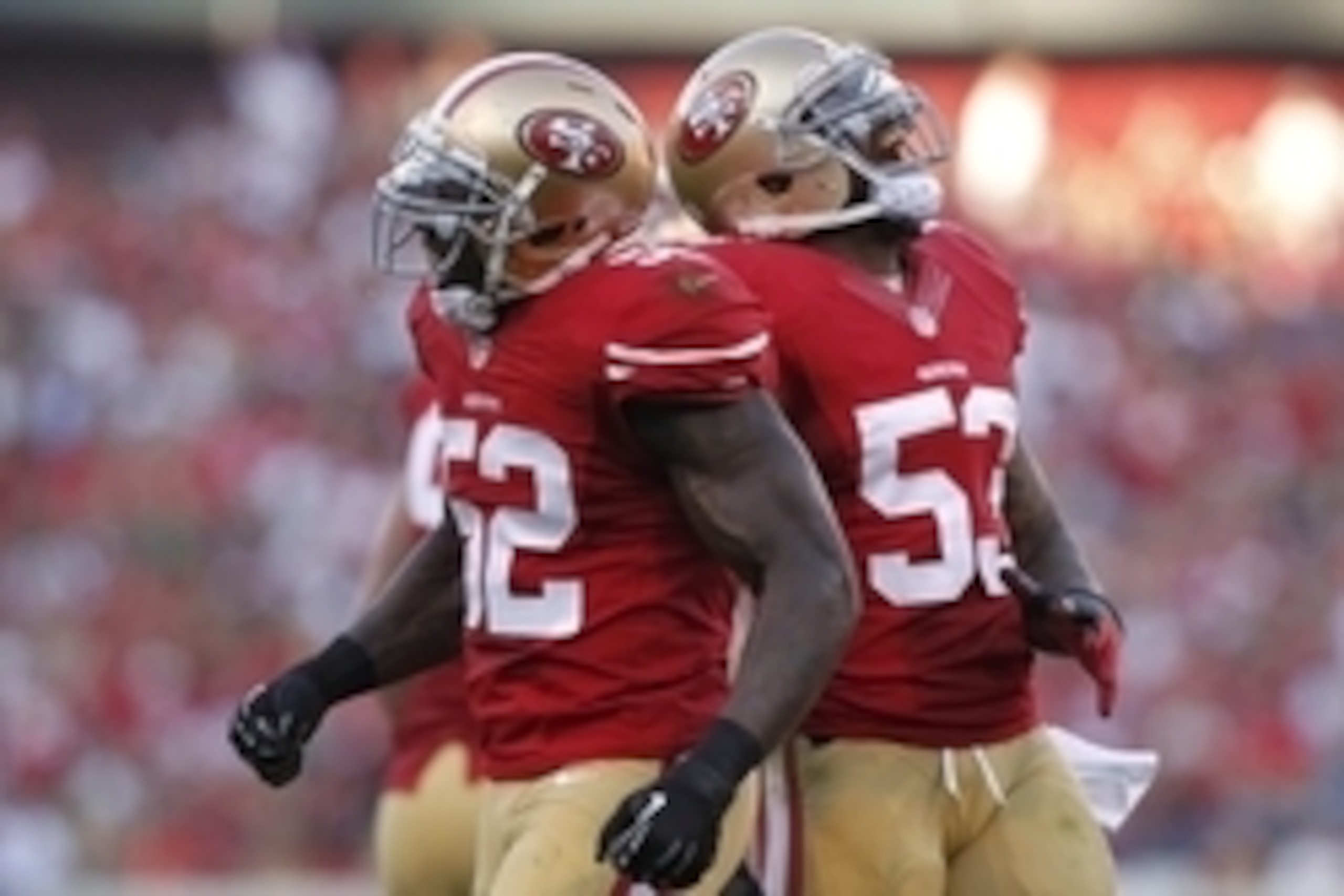 Dec 1, 2013; San Francisco, CA, USA; San Francisco 49ers inside linebacker Patrick Willis (52) and inside linebacker NaVorro Bowman (53) react after Willis recorded a sack against the St. Louis Rams in the fourth quarter at Candlestick Park. The 49ers def Dec 1, 2013; San Francisco, CA, USA; San Francisco 49ers inside linebacker Patrick Willis (52) and inside linebacker NaVorro Bowman (53) react after Willis recorded a sack against the St. Louis Rams in the fourth quarter at Candlestick Park. The 49ers def