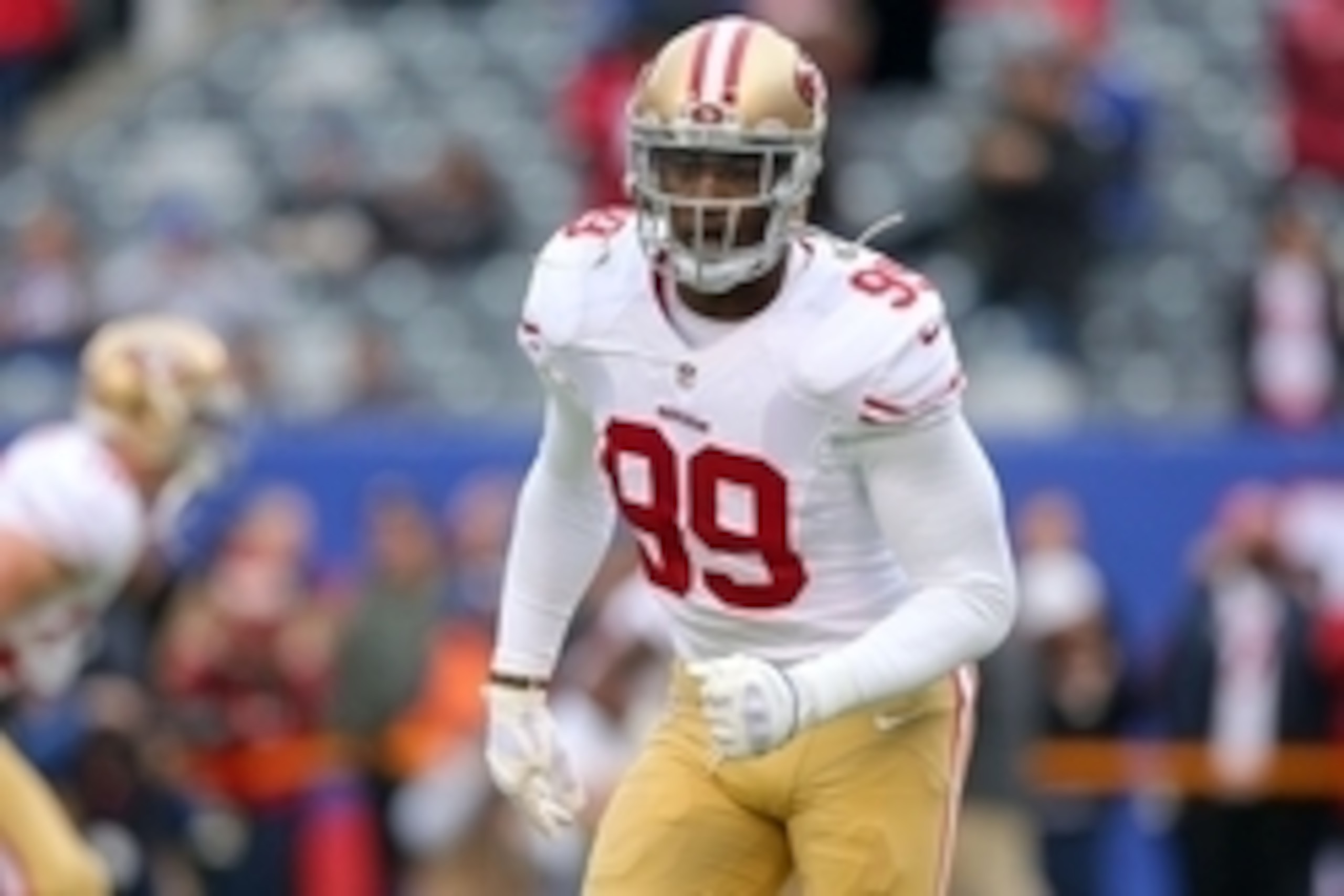 Nov 16, 2014; East Rutherford, NJ, USA; San Francisco 49ers linebacker Aldon Smith (99) warms up before a game against the New York Giants at MetLife Stadium. Mandatory Credit: Brad Penner-USA TODAY Sports Nov 16, 2014; East Rutherford, NJ, USA; San Francisco 49ers linebacker Aldon Smith (99) warms up before a game against the New York Giants at MetLife Stadium. Mandatory Credit: Brad Penner-USA TODAY Sports