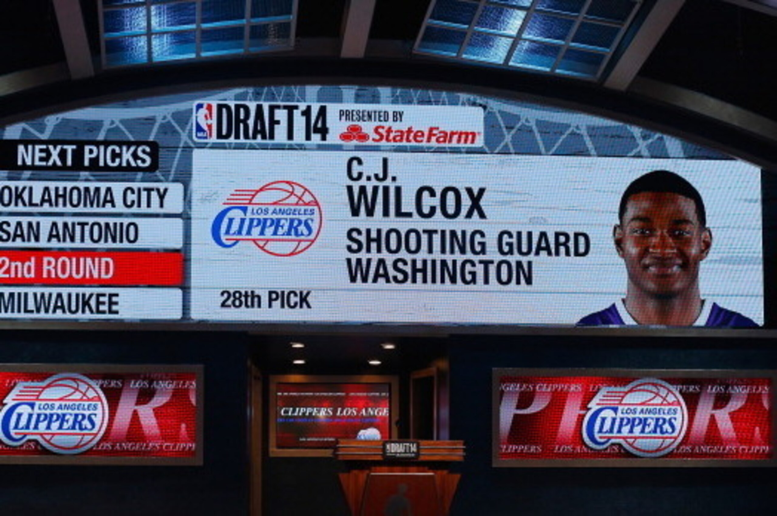NEW YORK, NY - JUNE 26: A video screen shows the selection of C.J. Wilcox of Washington as the #28 overall pick in the first round by the Los Angeles Clippers during the 2014 NBA Draft at Barclays Center on June 26, 2014 in the Brooklyn borough of New Yo NEW YORK, NY - JUNE 26: A video screen shows the selection of C.J. Wilcox of Washington as the #28 overall pick in the first round by the Los Angeles Clippers during the 2014 NBA Draft at Barclays Center on June 26, 2014 in the Brooklyn borough of New Yo